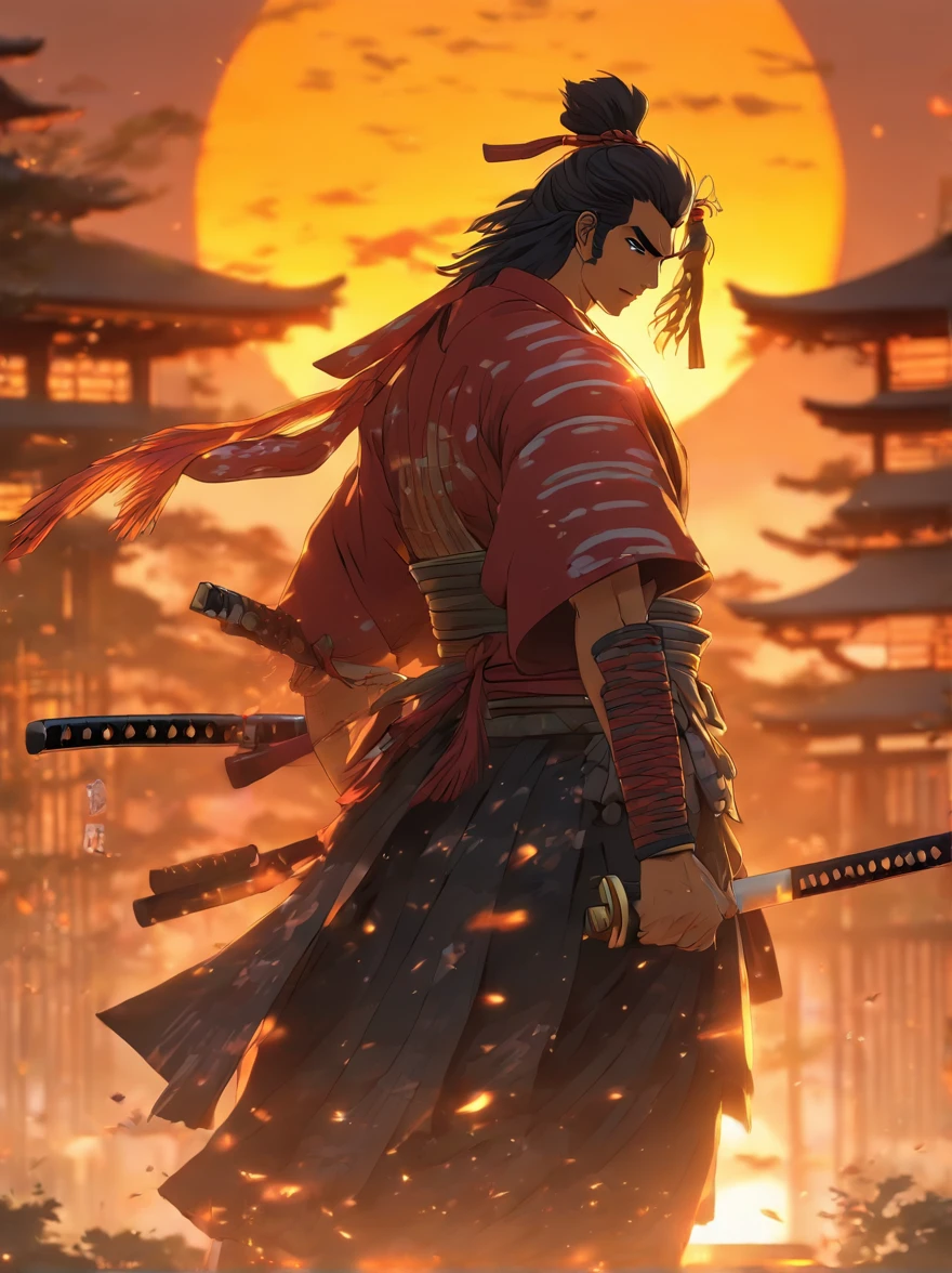 Samurai stands at sunset in japan and looks into the distance, in dynamics, highly detailed, packed with hidden details, style, high dynamic range, hyper realistic, dramatic light, realistic attention to detail, highly detailed, 8k, UHD