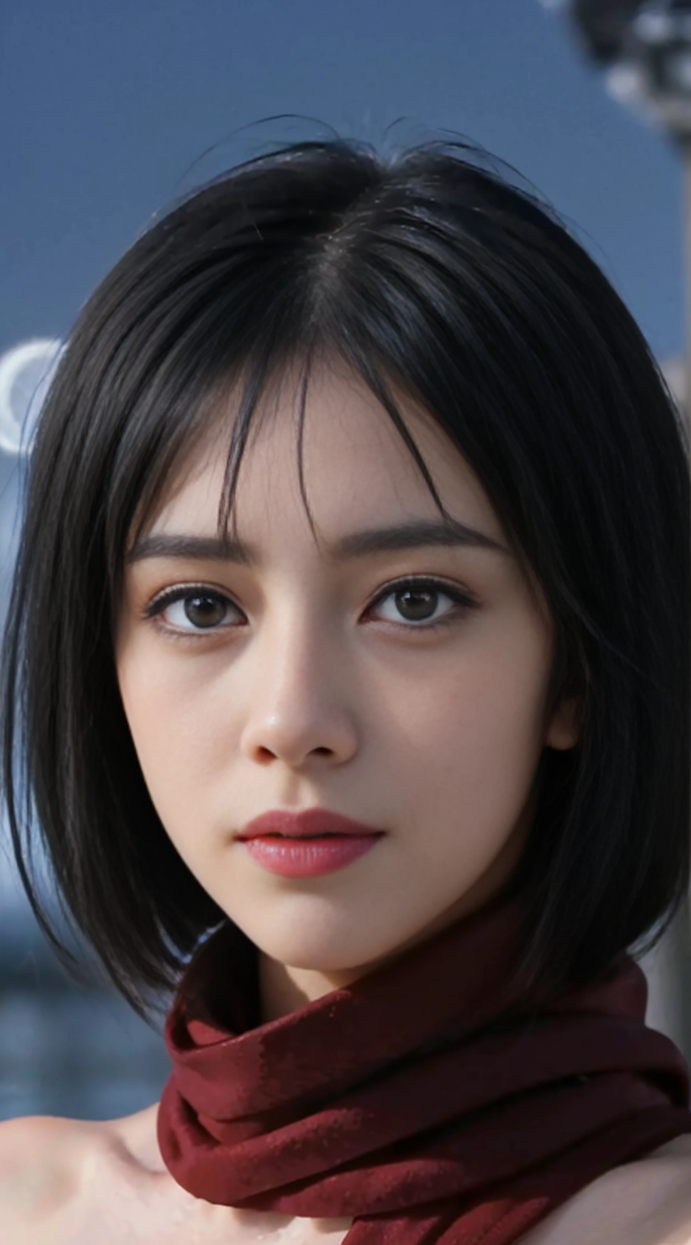 8K, Top Quality, Intricate Details, Ultra Detail, Ultra High Resolution, Masterpiece, random angle, mikasa ackerman, Slender, Smile, (Makeup: 0.4), (Fluffy Blue Eyes: 1.21), blue Eyes,, ((full body)), 1girl, solo, 1 girl, (( full body)), close-up shot, , , ((tall)), (((fit body))), (((slim face))), sharp face, sharp eyes, (((black hair, short hair, bangs )) ,(detailed face), sharp face, small lips, thin lips,
((red scarf, naked)), detailed face, detailed breast, , large breast, detail, , Beautiful girl with accentuated slender abs: 1.4, Six Pack Abs: 1.4, Bust Botox, Big, Perfect Body, detail leg, (( moonlight)), ocean