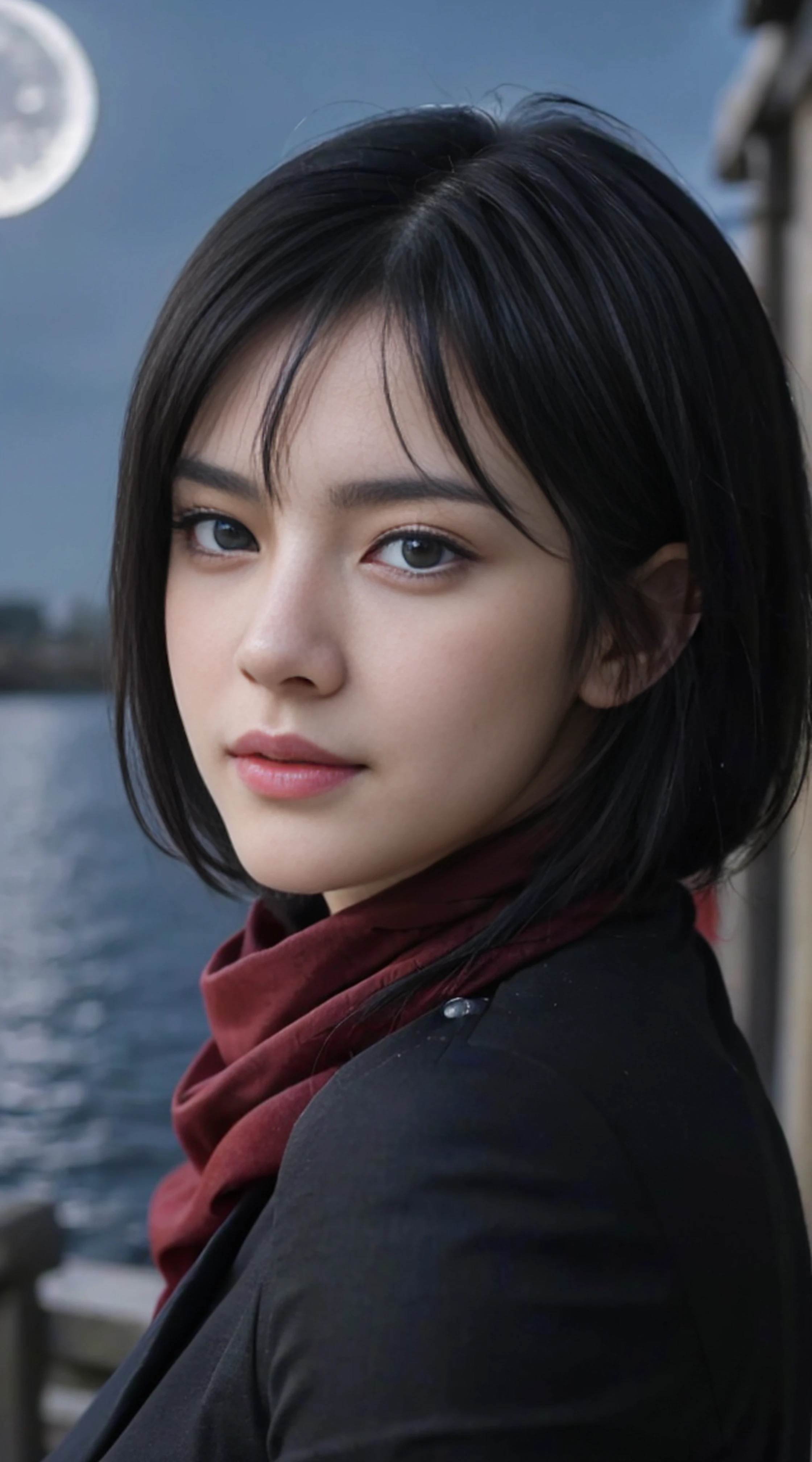 8K, Top Quality, Intricate Details, Ultra Detail, Ultra High Resolution, Masterpiece, random angle, mikasa ackerman, Slender, Smile, (Makeup: 0.4), (Fluffy Blue Eyes: 1.21), blue Eyes,, ((full body)), 1girl, solo, 1 girl, (( full body)), close-up shot, , , ((tall)), (((fit body))), (((slim face))), sharp face, sharp eyes, (((black hair, short hair, bangs )) ,(detailed face), sharp face, small lips, thin lips,
((red scarf, naked)), detailed face, detailed breast, , large breast, detail, , Beautiful girl with accentuated slender abs: 1.4, Six Pack Abs: 1.4, Bust Botox, Big, Perfect Body, detail leg, (( moonlight)), ocean