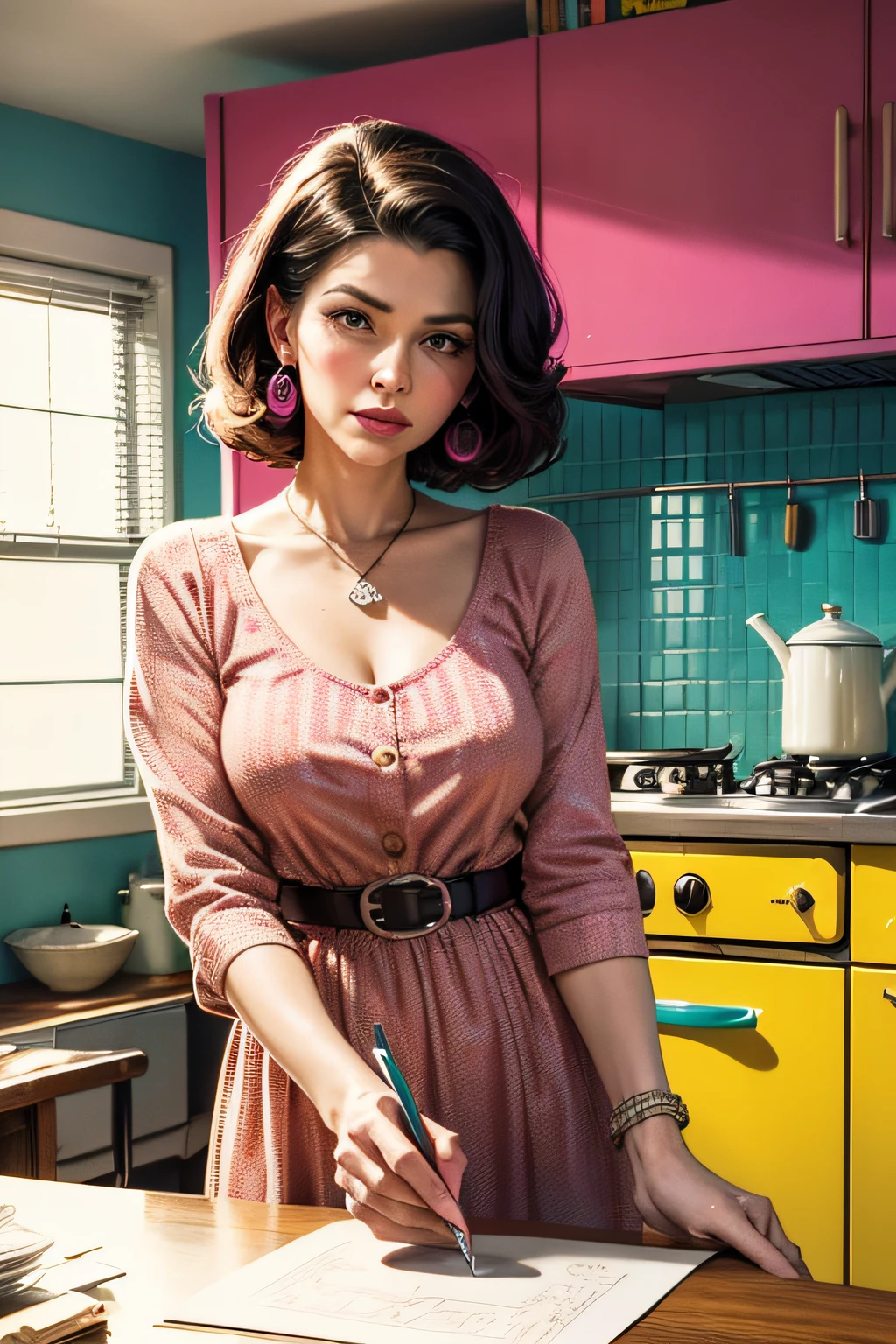 desperate housewife in a retro-kitchen, retro pen and ink illustration with mixed media, extreme coarse grain dot pattern and off-register colors, heavy textures, offset, op art, light yellow, turquoise, magenta, orange