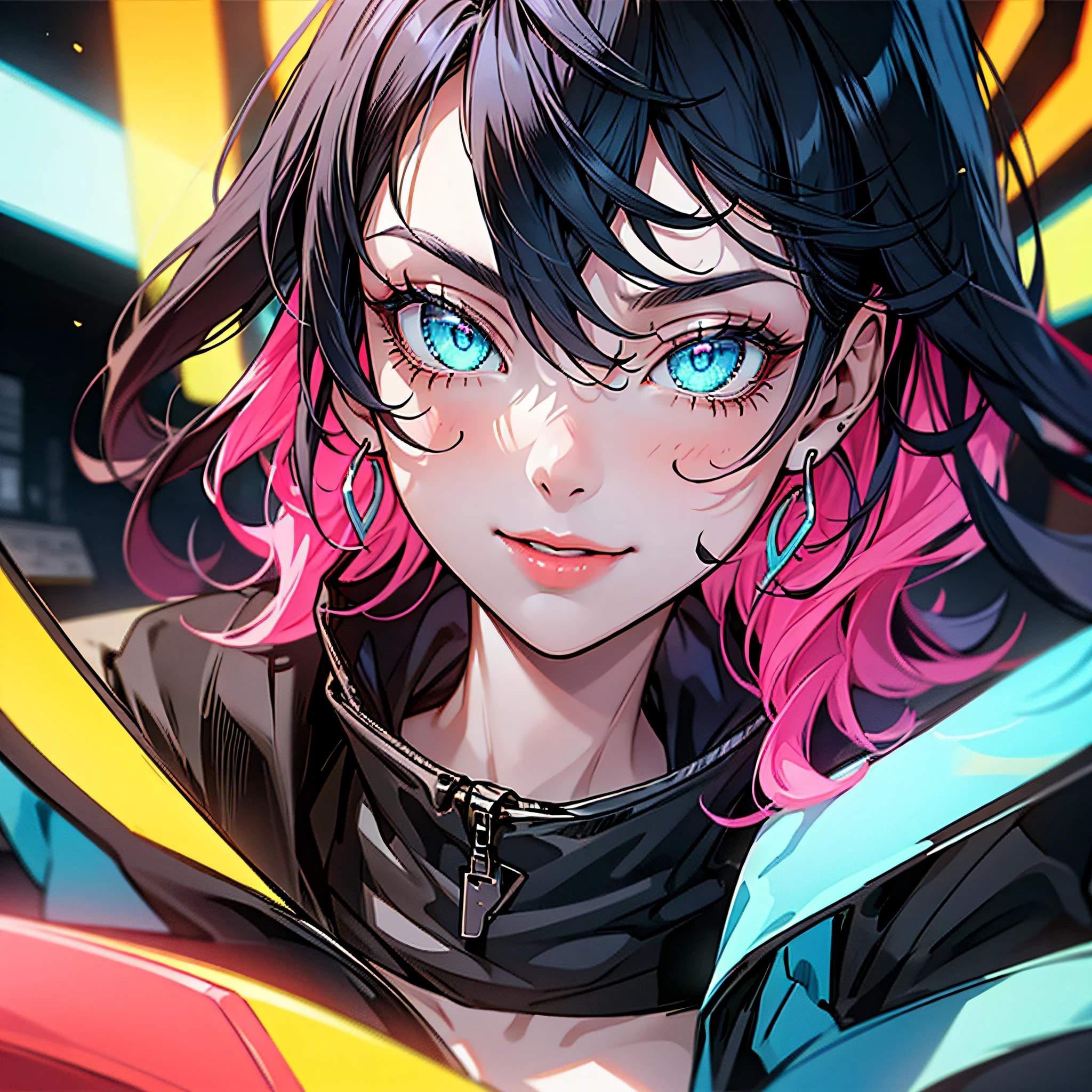 e girl, bloody cut smile, white long hair,cool black open short jacket, tatoos, messy fade cut hair, crazy,futuristic neon night street background,poser, fuchsia, indigo, green,portrait, hacker, ahegao face, close up