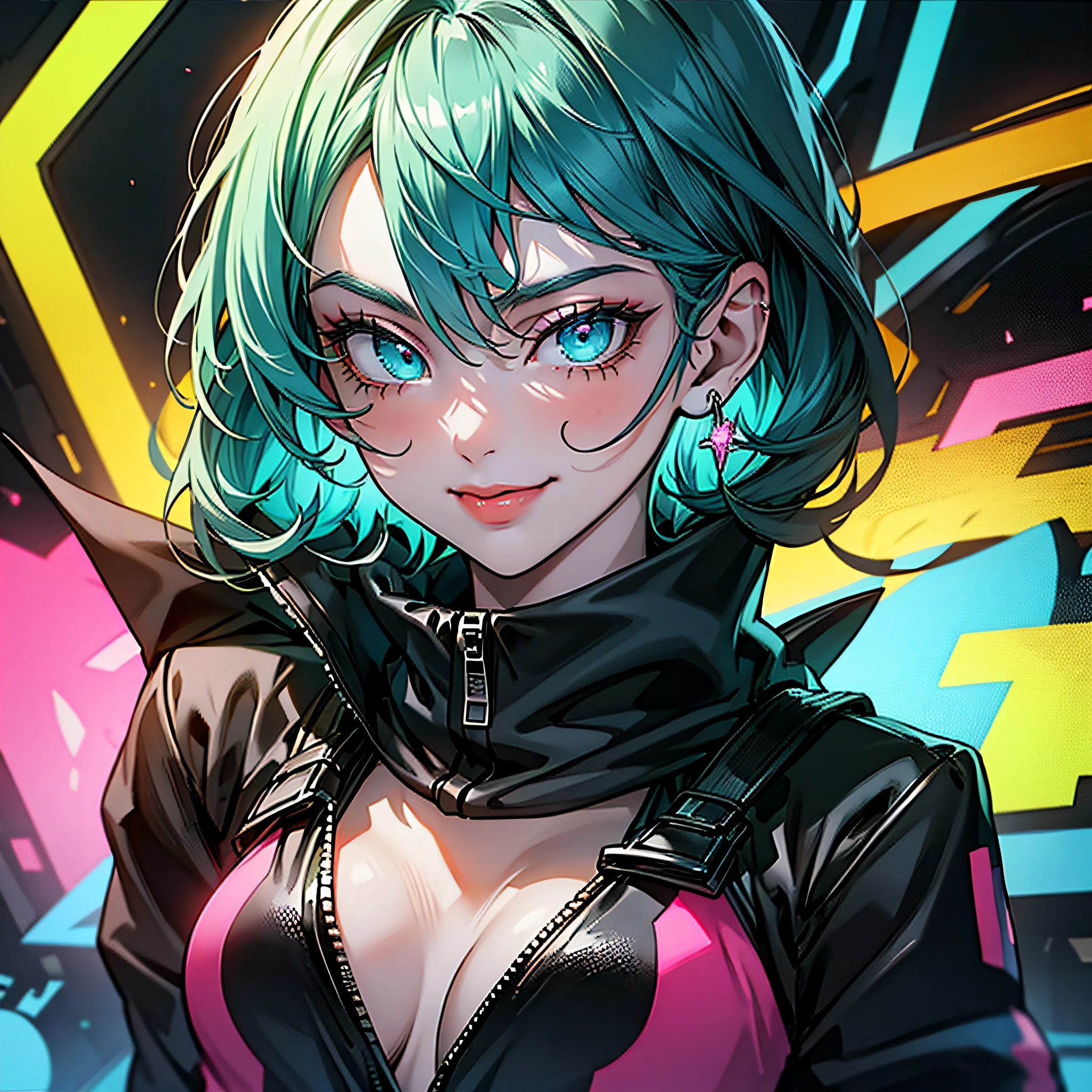 e girl, bloody cut smile, white long hair,cool black open short jacket, tatoos, messy fade cut hair, crazy,futuristic neon night street background,poser, fuchsia, indigo, green,portrait, hacker, ahegao face, close up