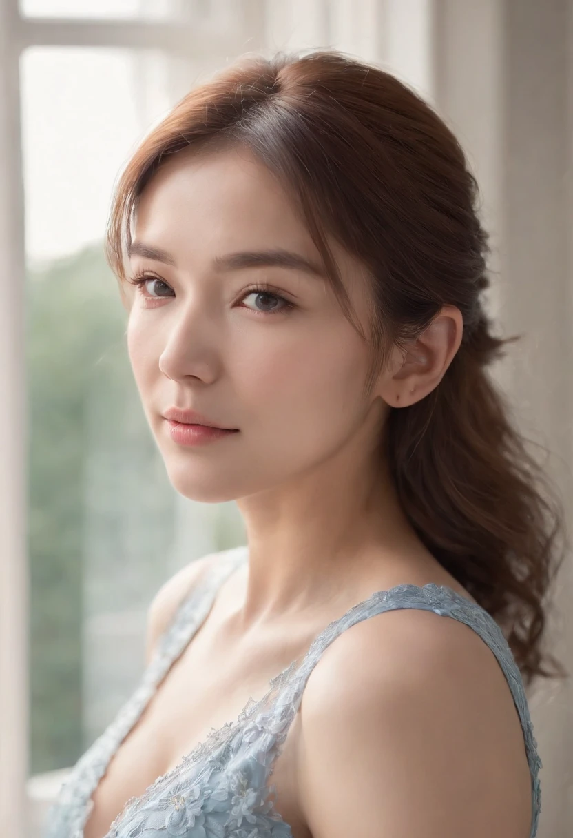 {best quality}, {{masterpiece}}, {an extremely delicate and beautiful},Outstanding light and shadow, extremely detailed wallpaper,Clear and bright sunlight,head portrait,1girl,big breast,Blush,short wave hair,Strong sunlight,,blue shirt,suit,Delicate hair,Real skin texture, sagging chest,clear pores and skin wrinkles,Wide shoulders,window,((strong light shines on the face)), upper body,