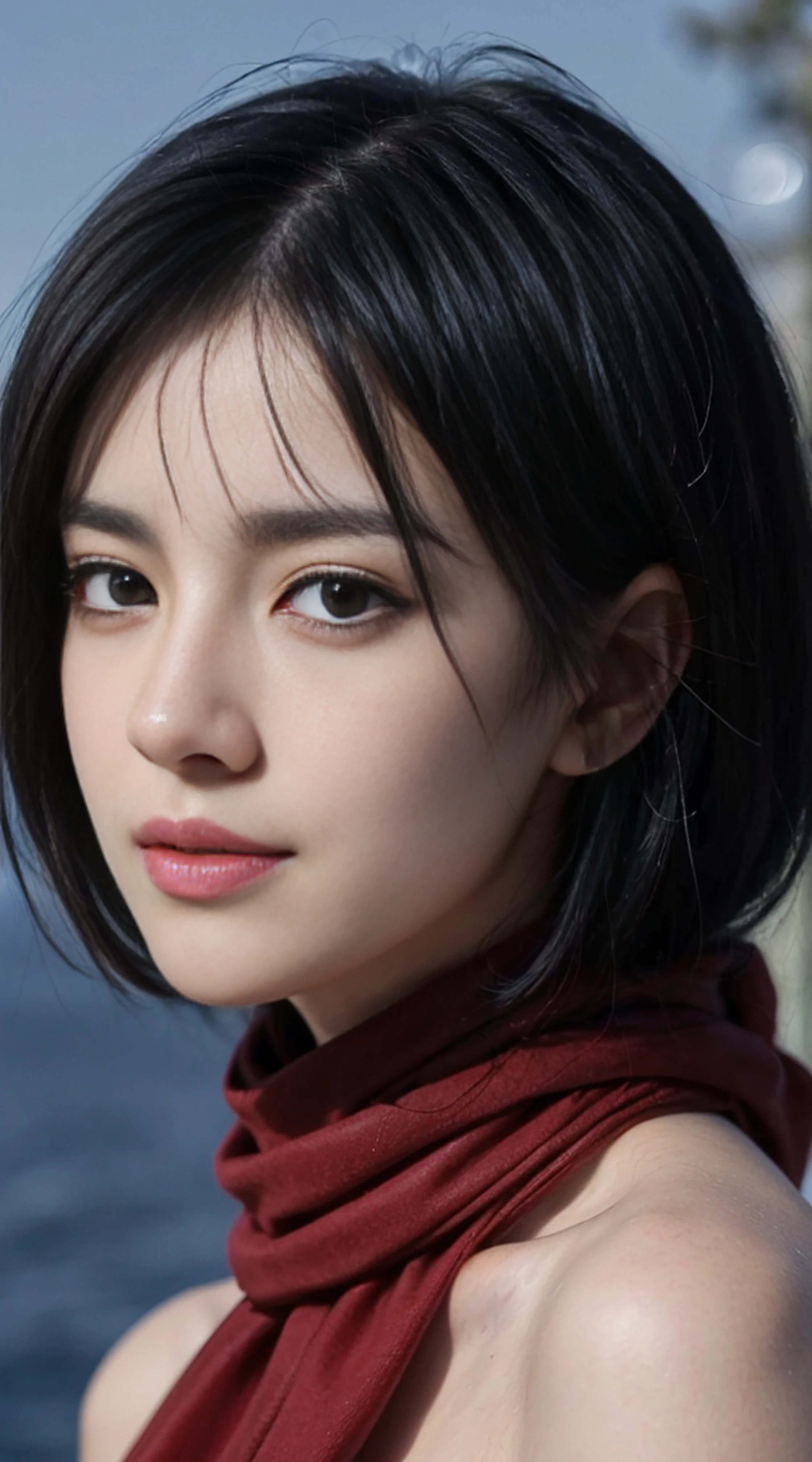 8K, Top Quality, Intricate Details, Ultra Detail, Ultra High Resolution, Masterpiece, random angle, mikasa ackerman, Slender, Smile, (Makeup: 0.4), (Fluffy Blue Eyes: 1.21), blue Eyes,, ((full body)), 1girl, solo, 1 girl, (( full body)), close-up shot, , , ((tall)), (((fit body))), (((slim face))), sharp face, sharp eyes, (((black hair, short hair, bangs )) ,(detailed face), sharp face, small lips, thin lips,
((red scarf, naked)), detailed face, detailed breast, , large breast, detail, , Beautiful girl with accentuated slender abs: 1.4, Six Pack Abs: 1.4, Bust Botox, Big, Perfect Body, detail leg, (( moonlight)), ocean