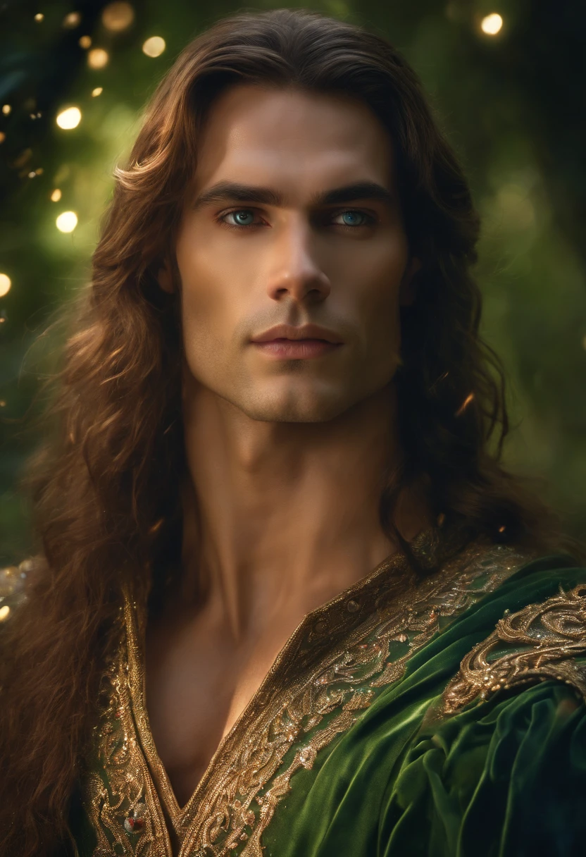 ((One Man)), (((Fantasy portrait of beautiful man in  mithorogic costume))), ((Long sleaves)), With mystical colored eyes, pale skin, Long Hair, Magical, Beautiful, Enchanting, Photorealism, mid-shot, ((Deep forest)), Fantasy Art, (((Many sparkling particles))), ((Ethereal fantasy art)),