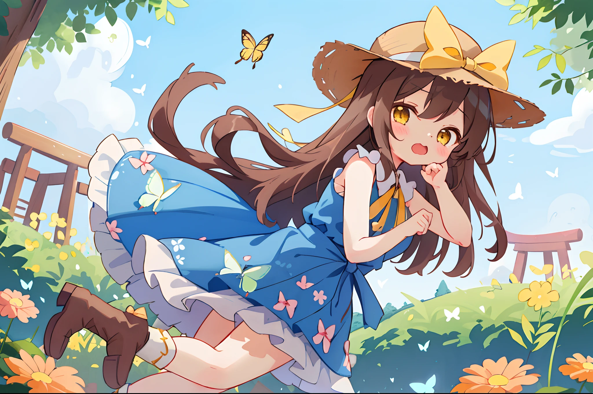 1人、blue ribbons、florals、Hats、Windy, That's why I'm wearing a hat、Yawning face、Longer dress、length hair、brown haired、bow ribbon、Sleeveless、a straw fedora hat、Eye Up、yellow eyes、Urban Park、butterflys々is flying、kawaii pose、I'm wearing cute boots