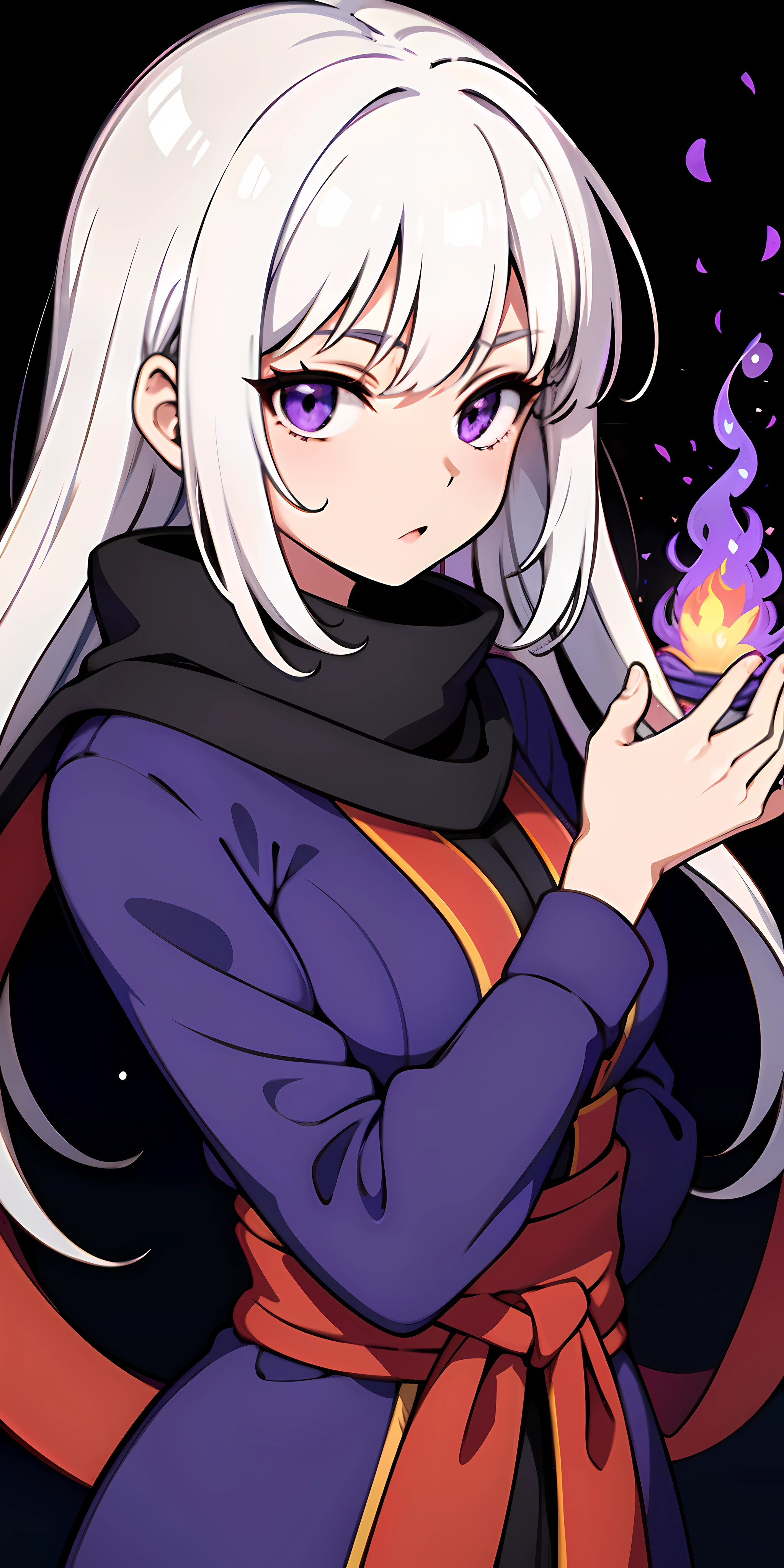 upper body, 1woman, white hair, Long Haired, purple eyes, (ninja), short sword, big breats ,scarf, wallpaper, magic circle background, light particles, purple fire, hands behind the back, (masterpiece), best quality