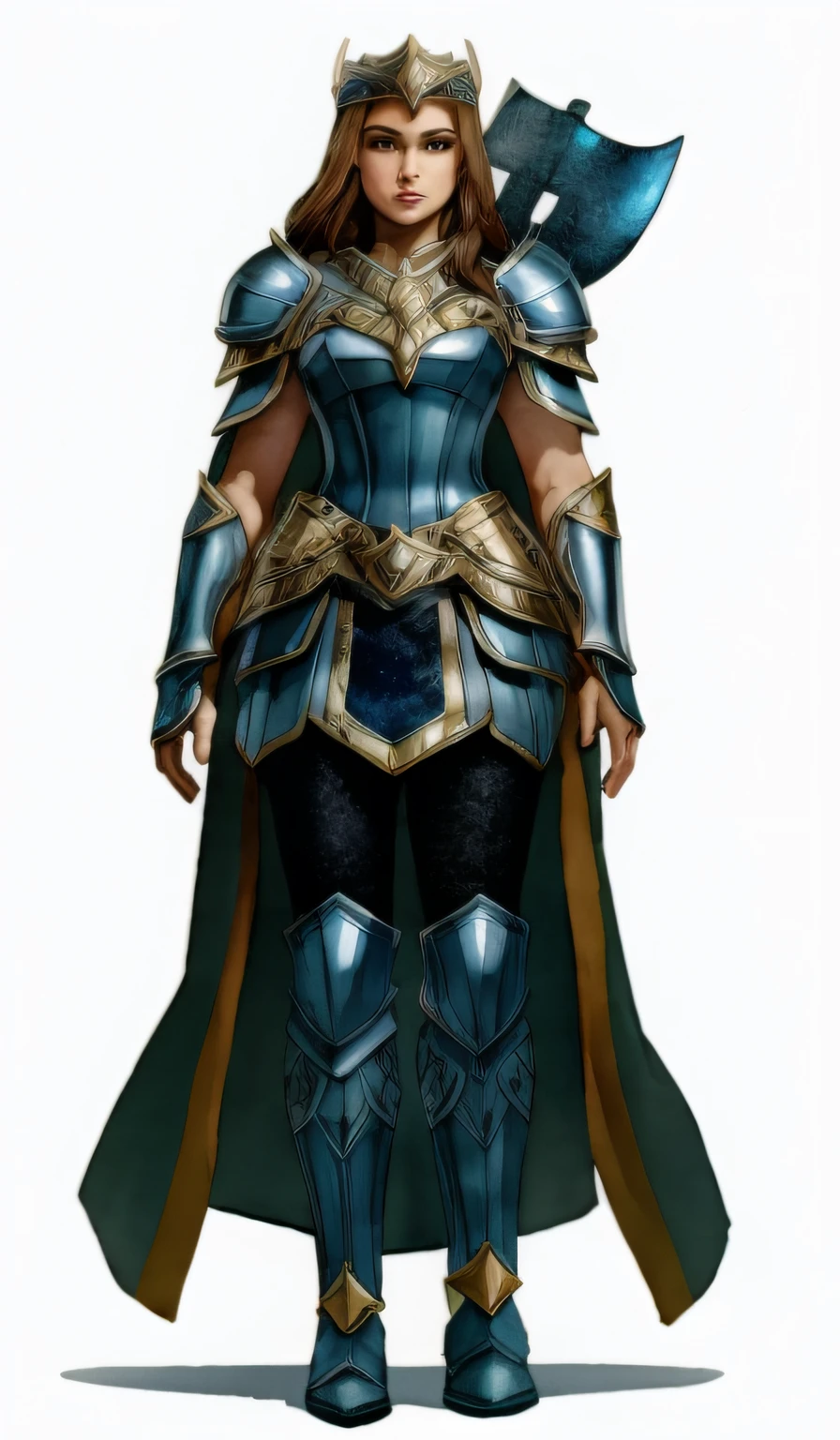uma mulher de armadura com um machado de mithral no ombro, valkyrie style character, Fantasy paladin dwarf woman with beard, arte conceitual detalhada de corpo inteiro, female paladin, conceito de corpo inteiro, armadura feminina, novo conceito de figurino, Armadura Conceitual, picture of female paladin, em armadura de opala, Armor Cavaleiro Feminino, Armadura azul, Knight of the dwarf princess, cavaleiro feminino, Menina da armadura