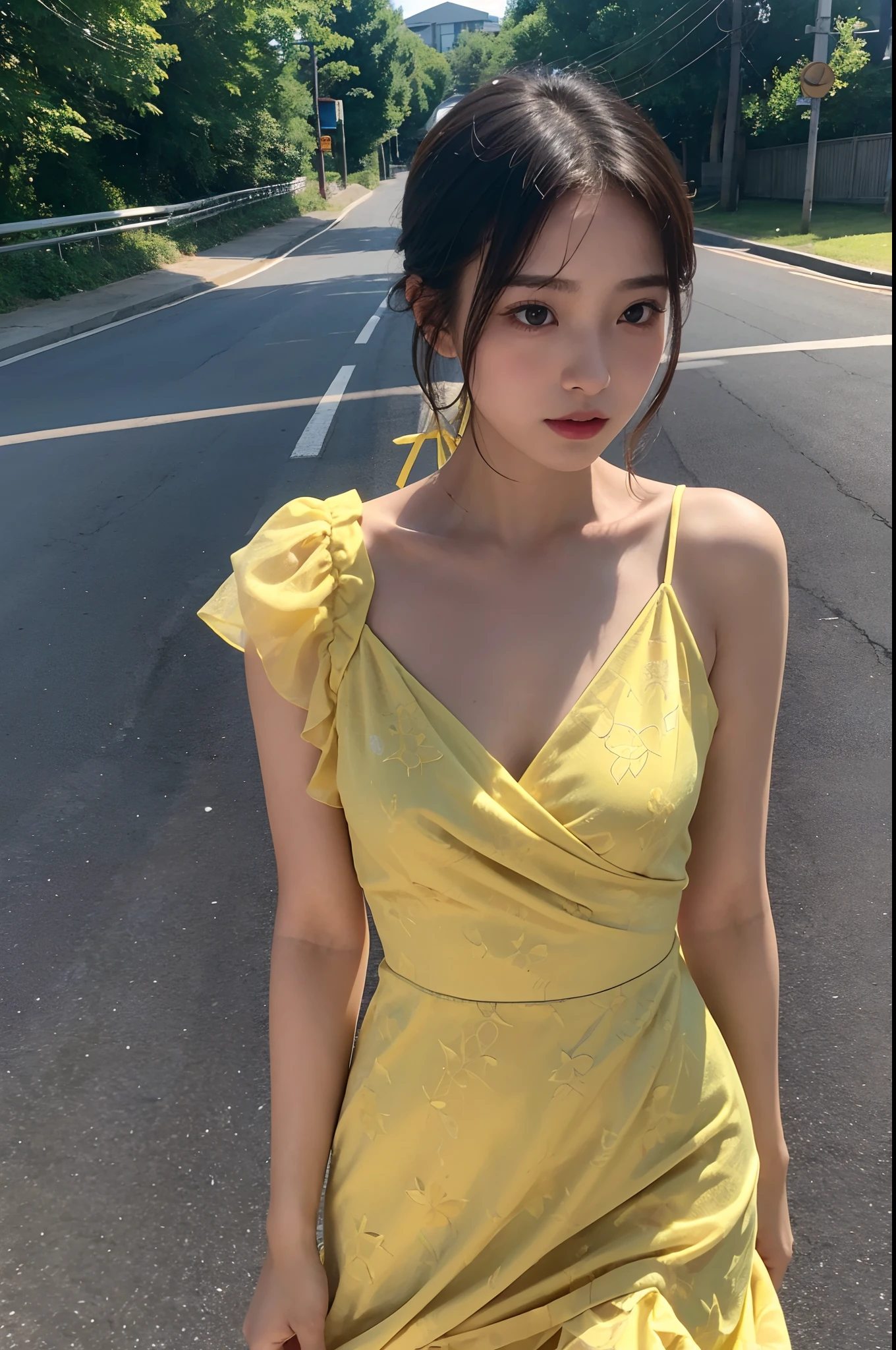 a close up of a woman in a yellow dress on a road, young pretty gravure idol, young gravure idol, realistic young gravure idol, young sensual gravure idol, chiho, young skinny gravure idol, mayuri shiina, yasumoto oka, 奈良美智, shiori teshirogi