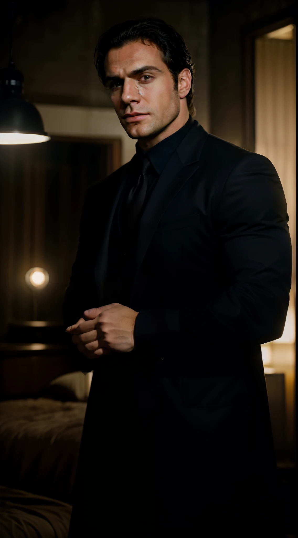 arafed man in a dark room with a light on, 8 k movie still, movie still 8 k, henry cavill as james bond, handsome man, shot from cinematic, sebastian stan, full color still, 8 k film still, shot from movie, cinematic close shot, henry cavill as batman, cinematic shot!, henry cavill as wolverine, portrait shot 8 k, People who decide to fight against shyness, revenge, real person, cinematic, portrait