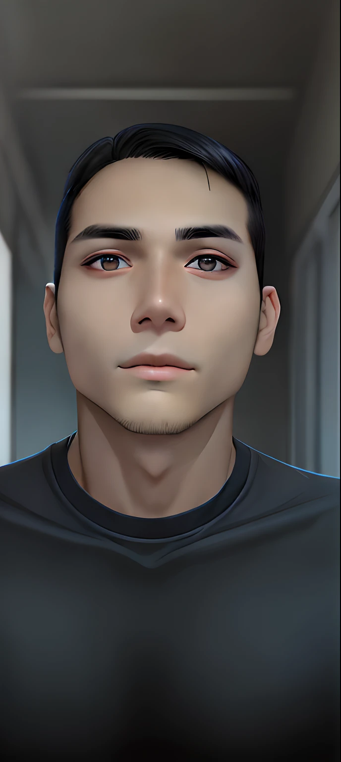 a young man, fair skin, black eyes, neat black hair, wearing a blue shirt, looking at the camera, without accessories, without wrinkles on his face, perfect