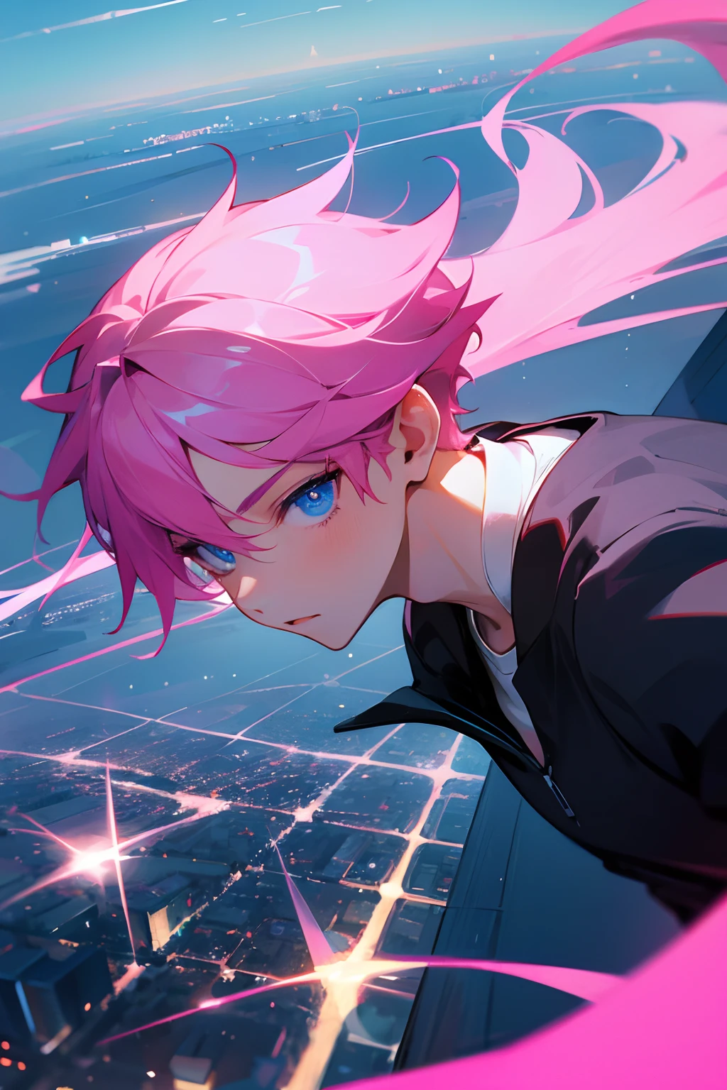 1boy, pink hair, blue eyes, city. high res, ultrasharp, 8K, masterpiece,