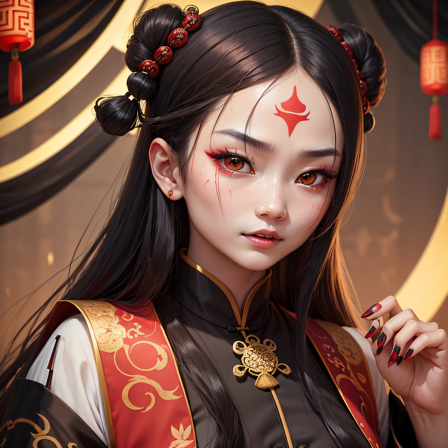 (one-girl),(Wearing the official uniform of the Chinese Qing Dynasty),There are Dao talismans on the forehead,Fangs,Long red nails,long whitr hair,The expression is grim,Background Black
