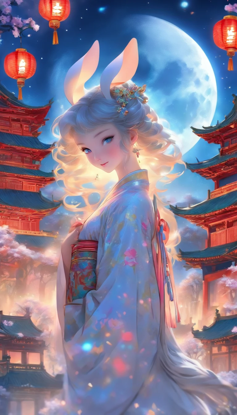 (full bodyesbian:1.25),Faraway view,(Faded:1.3),Extremely colorful,(tmasterpiece:1,2),best qualityer,extremely detailed CG 8k wallpaper,best qualityer,A high resolution,Original,extremelydetailedwallpaper,(solo person:1.25),Detailed and beautiful face,Chinese Mid-Autumn Festival,Chang'e sits on the moon,Behind you is a snow-capped Chinese palace,There is a rabbit next to it,Starry sky and blue earth as background,