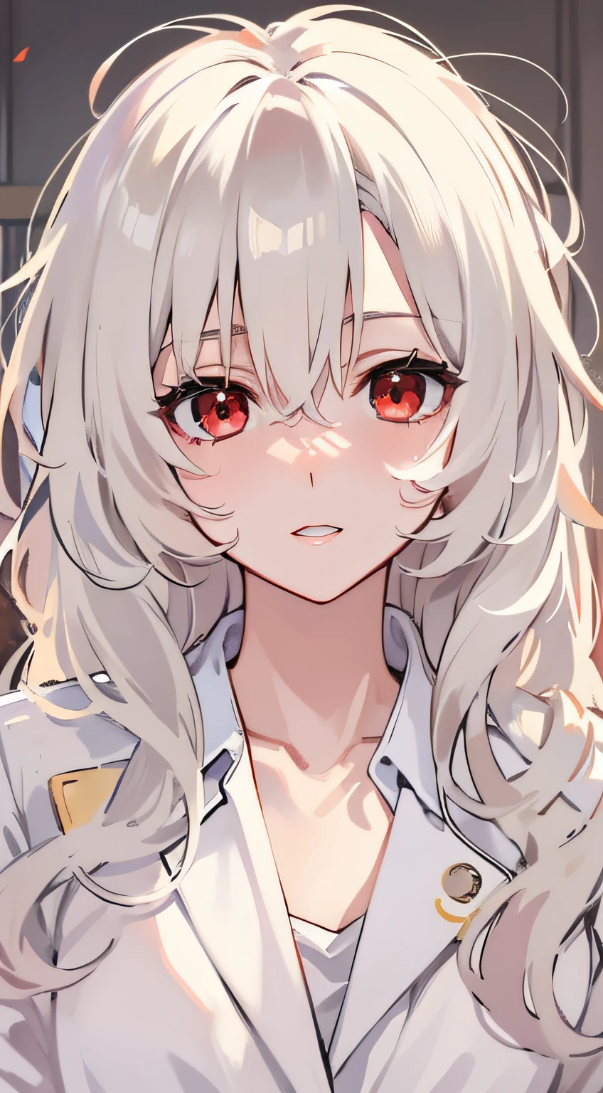 Anime shoujo,Canary anthropomorphism,Master masterpieces,White open-belly T-shirt,a black trench coat,red color eyes,White color hair,long whitr hair,solo person