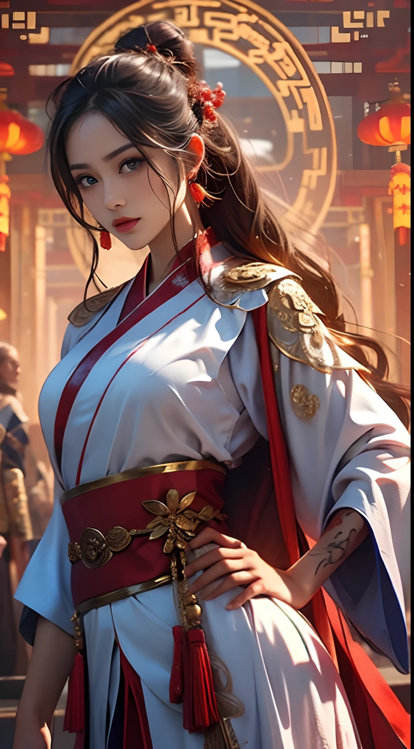 Photorealistic, high resolution, 1 woman, Hips up, Beautiful eyes, Long hair, ringed eyes, jewelry, tattoo, Hanfu, Chinese fairy, Taoist uniform