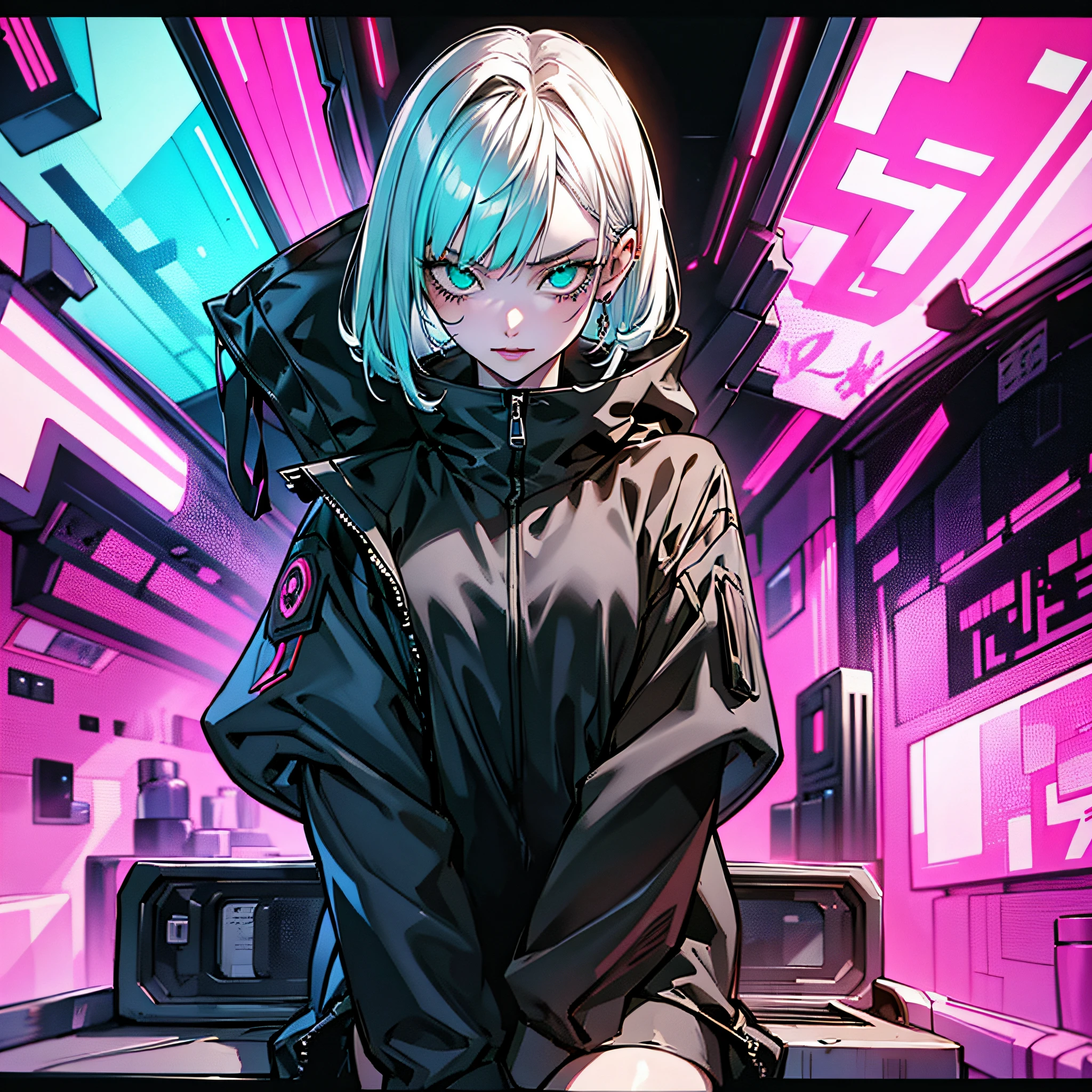 e girl, bloody cut smile, white long hair,cool black open short jacket, tatoos, messy fade cut hair, crazy,futuristic neon night street background,poser, fuchsia, indigo, green,portrait, hacker, ahegao face, sit pose