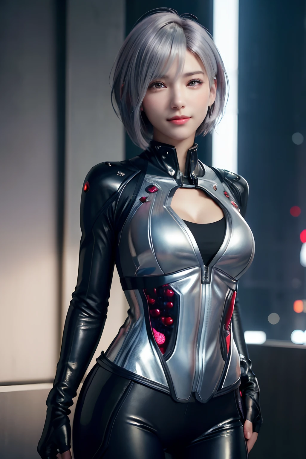 (8k, photorealistic, RAW photo, top quality: 1.4), (1girl), super beautiful, (realistic face), (boyish, silver-colored berry short hair), beautiful cyberpunk suit, glares seducing viewer, beautiful expression, beautiful breasts, (realistic skin), beautiful smile, (soldier), attractive, ultra high resolution, ultra realistic, high definition, spoiled