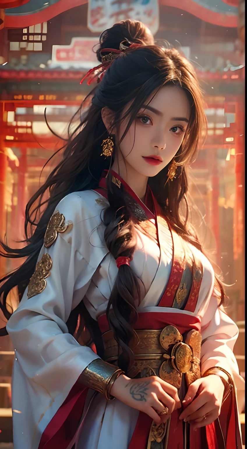 Photorealistic, high resolution, 1 woman, Hips up, Beautiful eyes, Long hair, ringed eyes, jewelry, tattoo, Hanfu, Chinese fairy, Taoist uniform