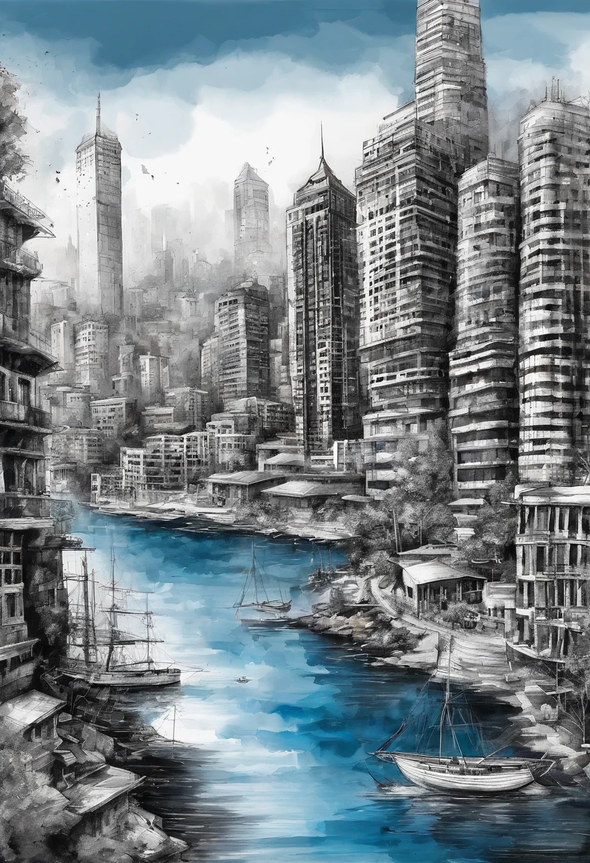 White and black photo of the city of blue water, Contemporary collage style, Animated GIFs, album covers, Fluid, high detal, Yankeeko, Relief