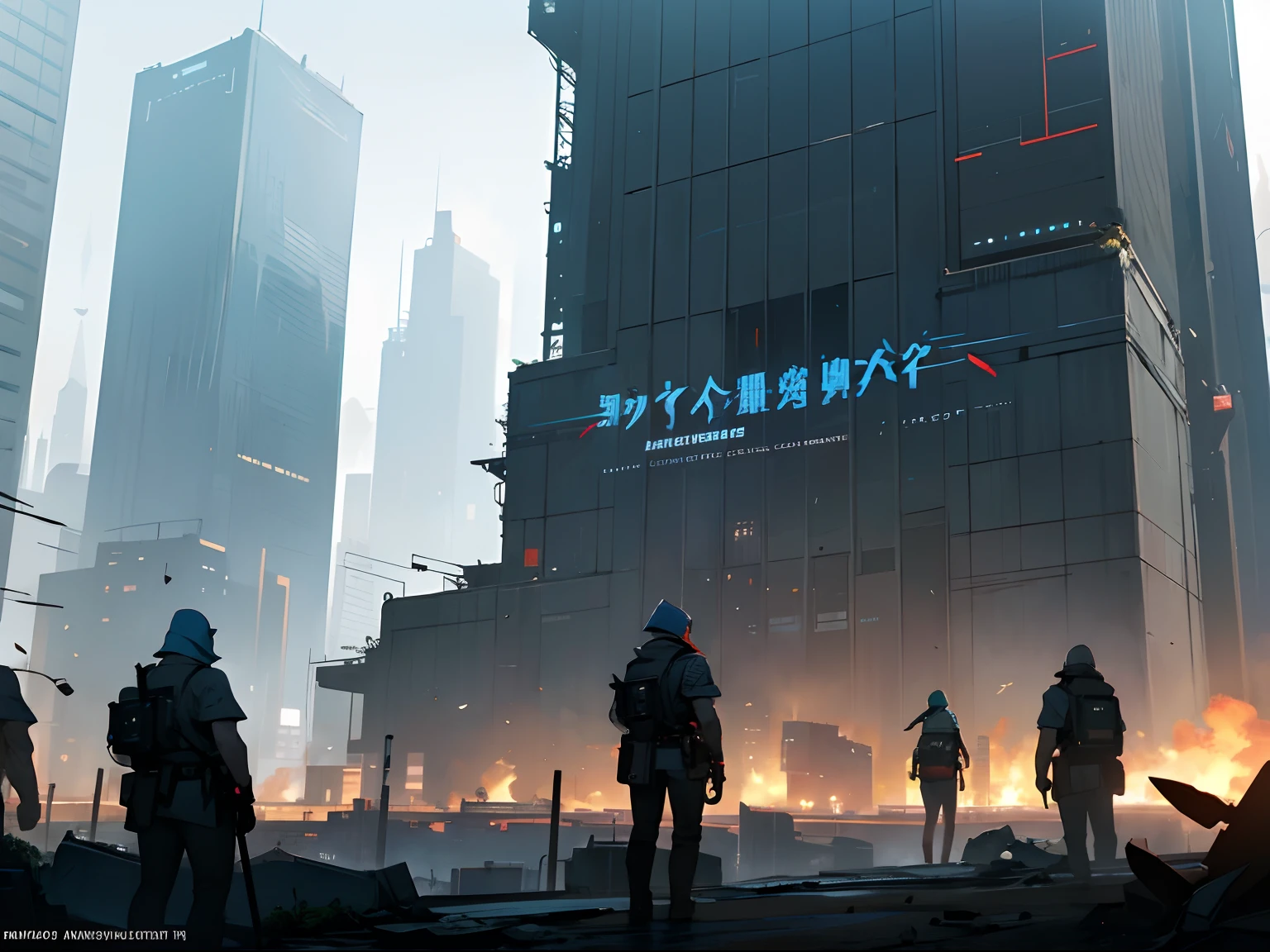 Generate an image depicting a dystopian cityscape under the oppressive control of towering corporate skyscrapers, with the symbols of multinational conglomerates prominently displayed. Show a group of determined individuals, cloaked in shadows, gathering amidst the ruins of the city. They hold a tattered blueprint for a better society, illuminated by a faint glimmer of hope. Capture the essence of their epic battle against corporate tyranny, with resistance fighters and corporate security forces clashing in the foreground, portraying the moment of societal transformation towards a more equitable and sustainable future. No people, only scenery, game concept arts, Genshin Impact environment,