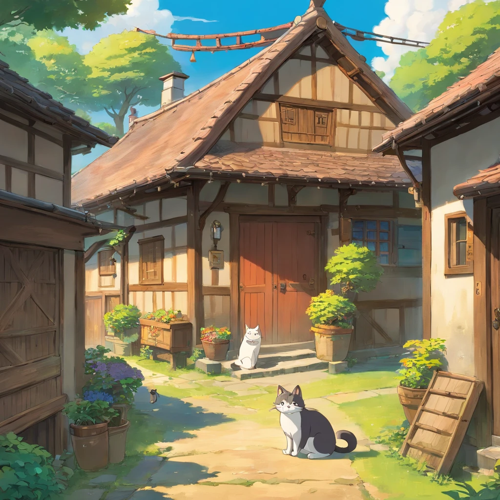 In a village, there is an old house with a leaky roof and wooden walls, which is inhabited by an old grandmother. She is not alone; she is with four cats.
