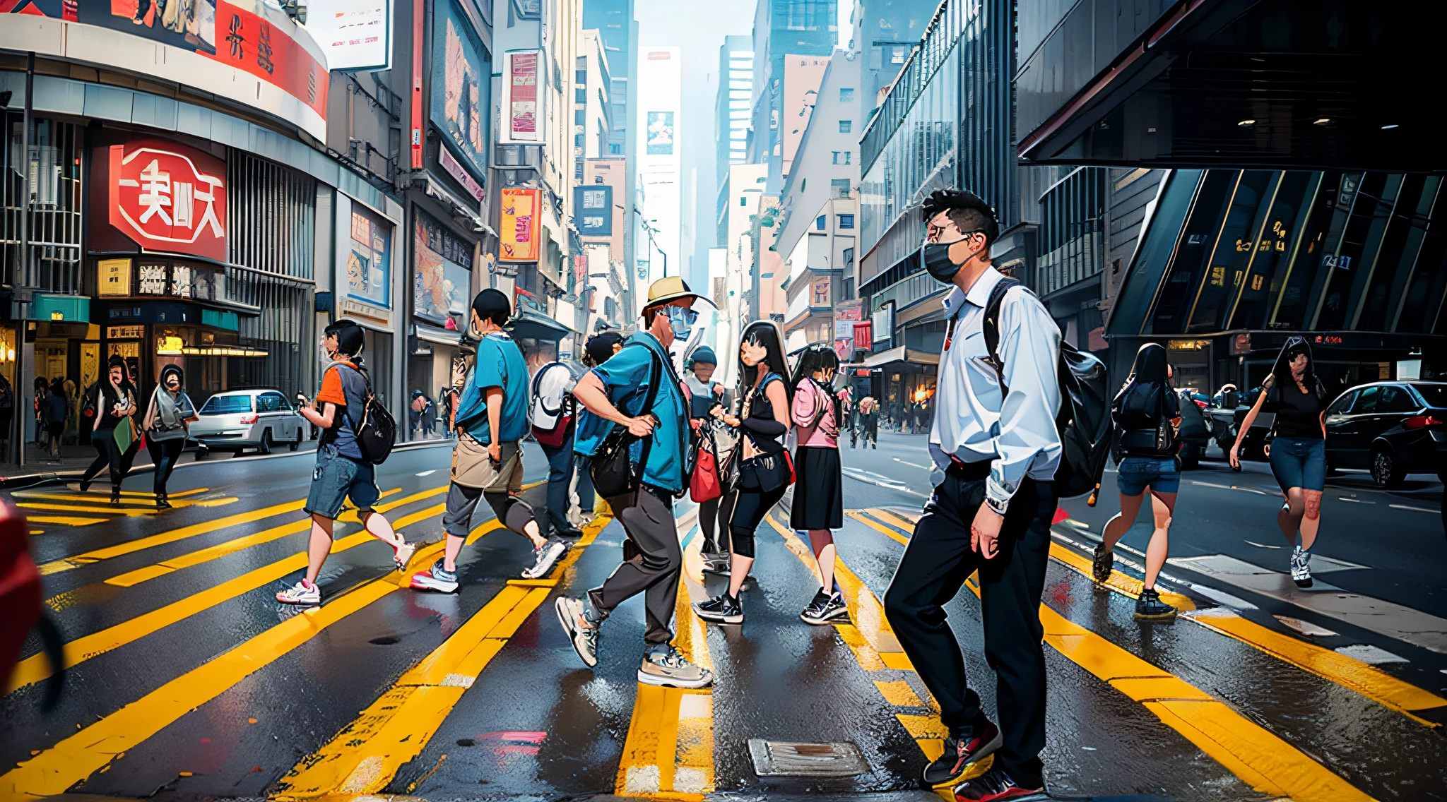 people walking across a crosswalk in a busy city street, people walking down a street, travelers walking the streets, people walking on street, people walking in street, streets of hong kong, busy streets, busy streets filled with people, street of hong kong, people walking around, busy street, people are wearing masks, people walking, people on the streets