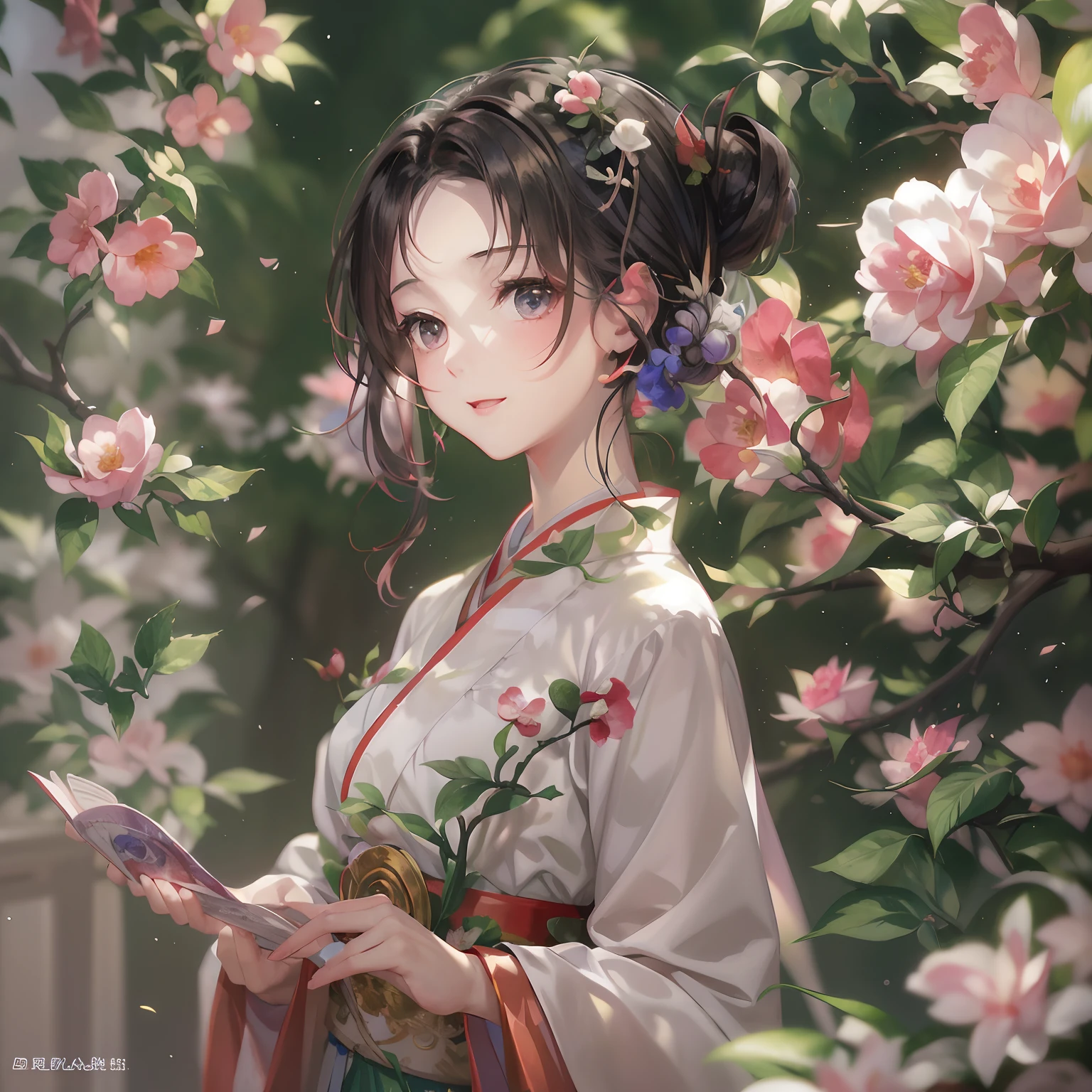Movie Angle,(Cute girls,anatomy correct,full bodyesbian,Masterpiece camellia,Masterpiece Hanfu,ssmile),(illustratio,paper art,3Drenderingof),(plethora of colors,Best quality,high detal,tmasterpiece,Cinematic lighting effects,4K,Chiaroscuro)