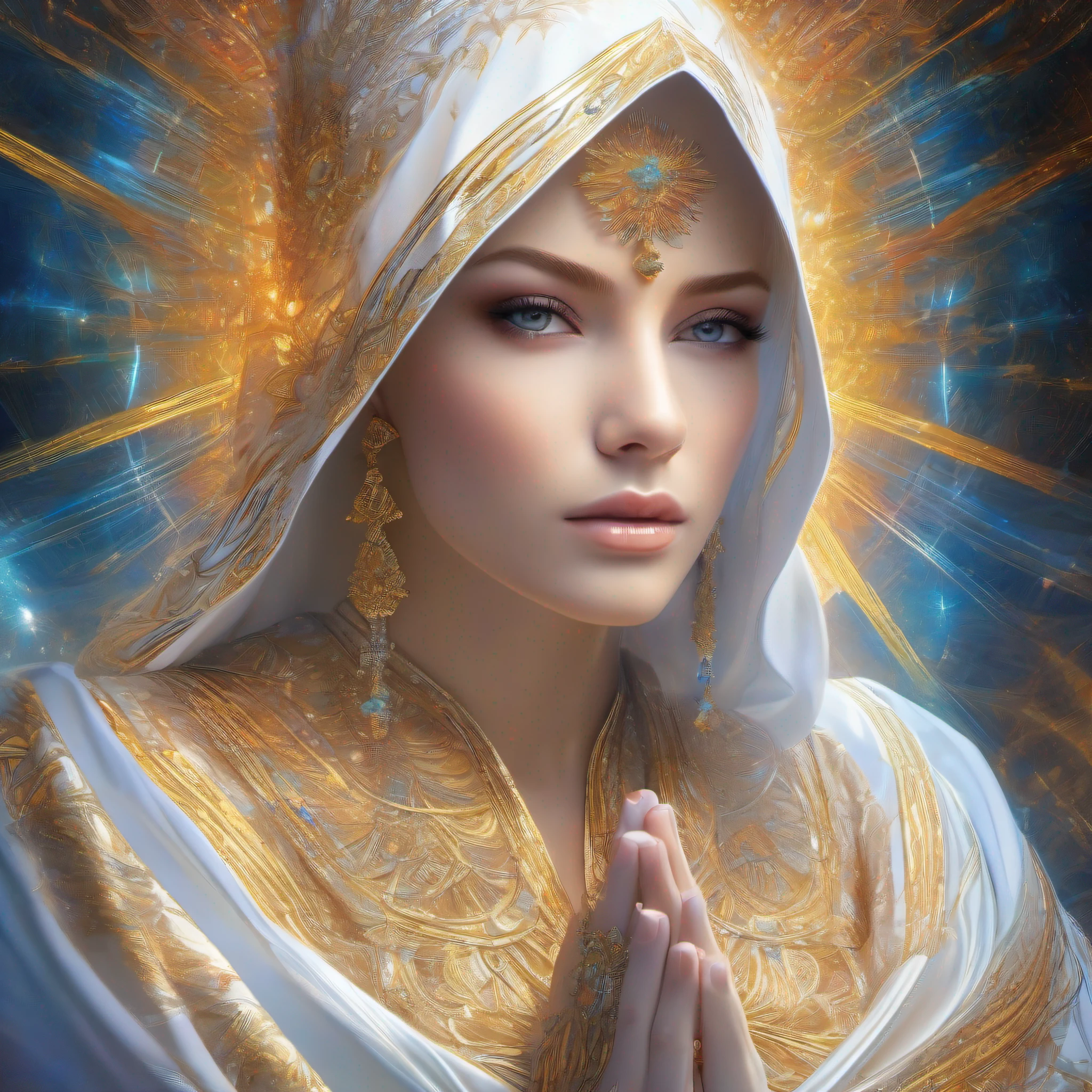 (masterpiece, top quality, best quality, official art, beautiful and aesthetic:1.2), (1girl), extreme detailed, (fractal art:1.3), colorful, highest detailed, perfect face, upper body, HDR, (praying:1.3), (white cloak golden lines:1.2), galaxy, (light streaks), striking visuals, (dynamic streaks, luminous trails:1.2), vibrant colors,