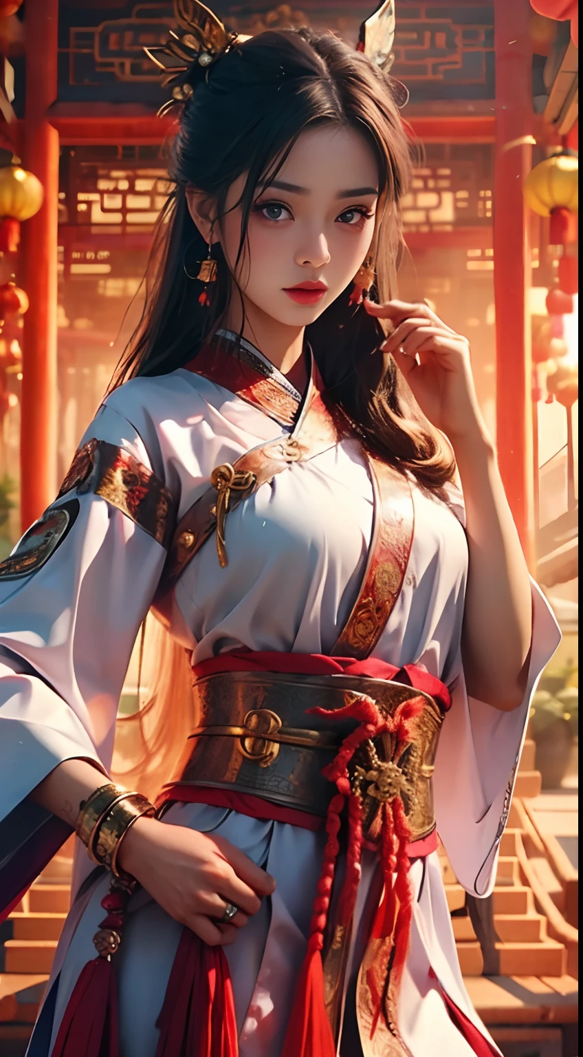 คุณภาพดีที่สุด, ผลงานชิ้นเอก, Photorealistic, high resolution, 1 woman, หญิงสาวอายุ23, Hips up, Beautiful eyes, ผมสีดำ, ผมยาว, ringed eyes, jewelry, Hanfu, Chinese fairy, Taoist uniform, เสื้อผ้าขนาดใหญ่, white tiger,