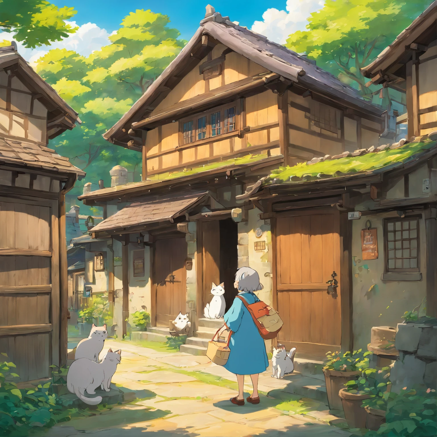 In a village, there is an old house with a leaky roof and wooden walls, which is inhabited by an old grandmother. She is not alone; she is with four cats.