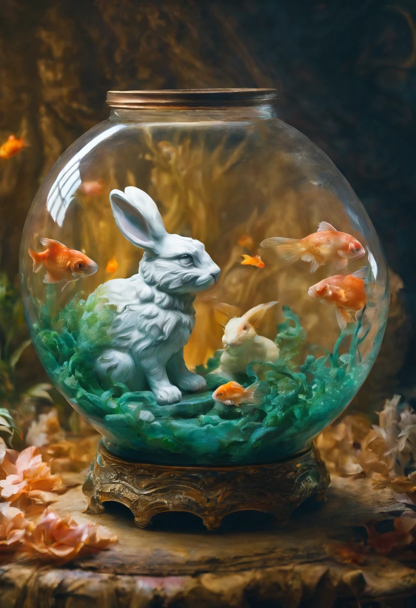 A jade rabbit sits in a round aquarium with goldfish, Oil painting, Daniel Krauss, Cinematic light, Clarity, Sharpness, Drama