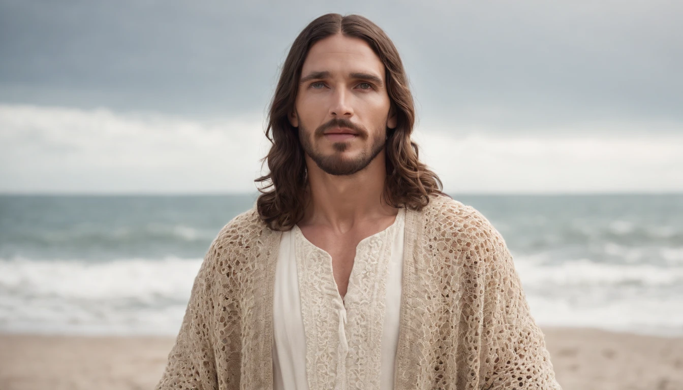 jesus christ, handsome man, wearing crochet clothes, clear day, walking in the rough sea, professional photo, 4k, ultrarealistic, cinematic