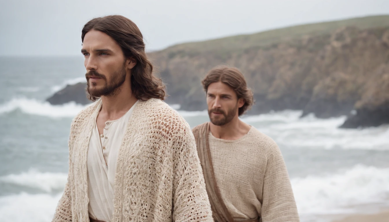 jesus christ, handsome man, wearing crochet clothes, clear day, walking in the rough sea, professional photo, 4k, ultrarealistic, cinematic