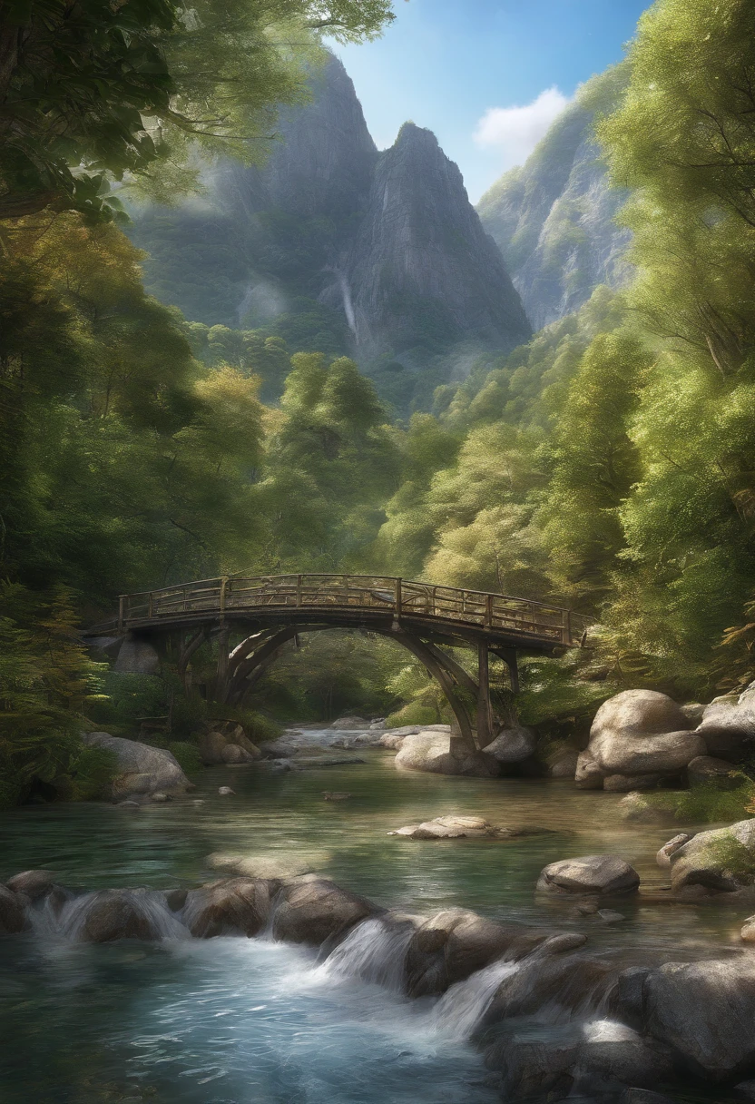 (best quality,4k,highres,masterpiece:1.2),ultra-detailed,realistic,river,mountains,small bridge,Beautiful landscape,running water,serene atmosphere,greenery,natural beauty,reflection,peaceful surroundings,captivating view,sunlight filtering through trees,vivid colors,photorealistic,highly detailed mountains,crystal-clear river,serene ambiance,harmonious composition,lush vegetation,scenic beauty,tranquil atmosphere,picturesque scenery,calm and peaceful setting,majestic mountains,clear blue sky,gentle breeze,rustic charm,inviting pathway,serenity of nature,awe-inspiring view,quietude,picturesque bridge across the river,harmony of elements,tranquility in every aspect,natural serenity,endless beauty of nature.