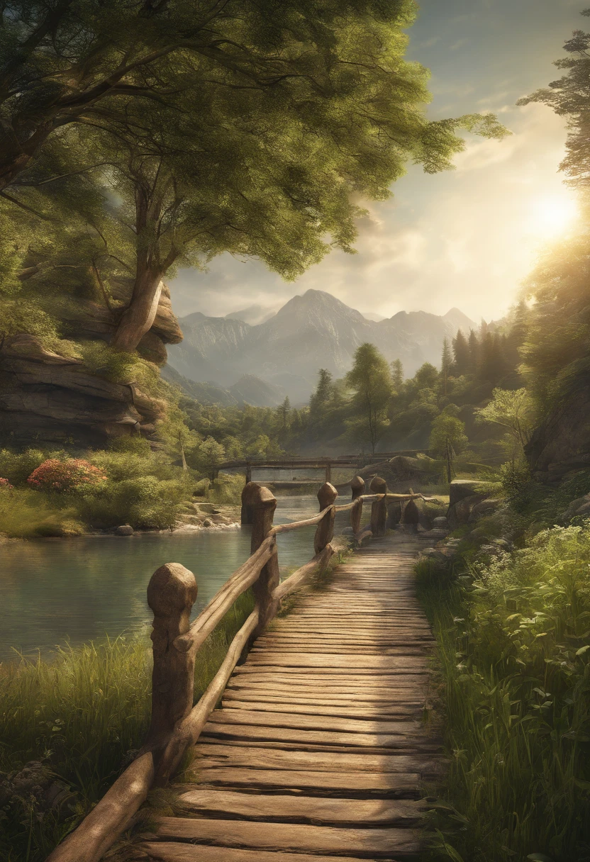 (best quality,4k,highres,masterpiece:1.2),ultra-detailed,realistic,river,mountains,small bridge,Beautiful landscape,running water,serene atmosphere,greenery,natural beauty,reflection,peaceful surroundings,captivating view,sunlight filtering through trees,vivid colors,photorealistic,highly detailed mountains,crystal-clear river,serene ambiance,harmonious composition,lush vegetation,scenic beauty,tranquil atmosphere,picturesque scenery,calm and peaceful setting,majestic mountains,clear blue sky,gentle breeze,rustic charm,inviting pathway,serenity of nature,awe-inspiring view,quietude,picturesque bridge across the river,harmony of elements,tranquility in every aspect,natural serenity,endless beauty of nature.