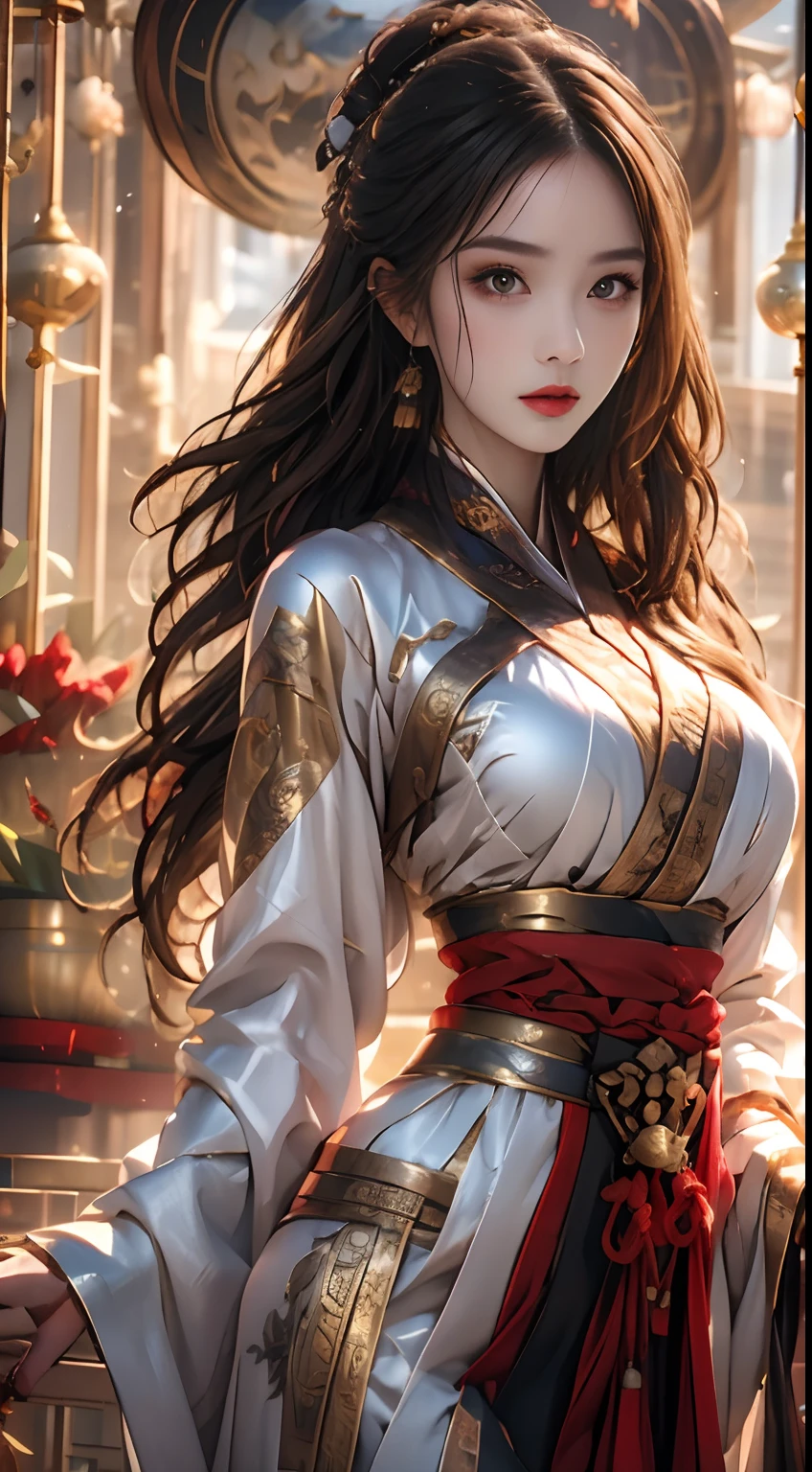 Photorealistic, high resolution, 1 woman, Hips up, Beautiful eyes, Long hair, ringed eyes, jewelry, tattoo, Hanfu, Chinese fairy, Taoist uniform