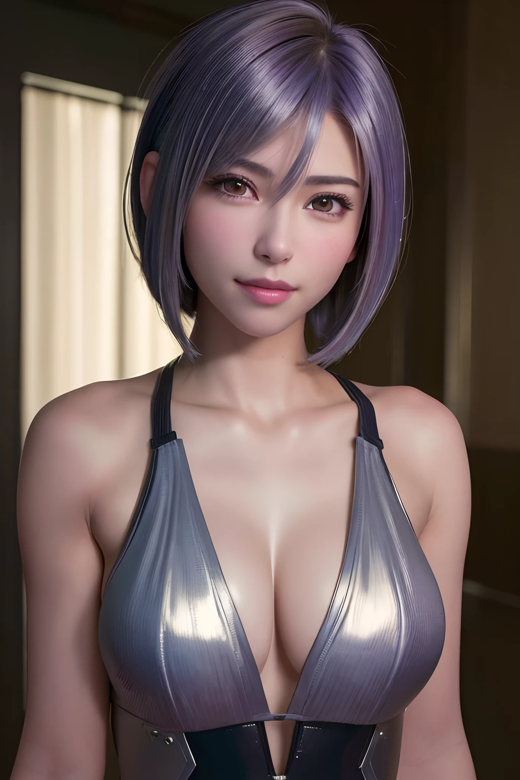 (8k, photorealistic, RAW photo, top quality: 1.4), (1girl), super beautiful, (realistic face), (boyish, silver-colored berry short hair), beautiful cyberpunk suit, glares seducing viewer, beautiful expression, beautiful breasts, (realistic skin), beautiful smile, (soldier), attractive, ultra high resolution, ultra realistic, high definition, spoiled