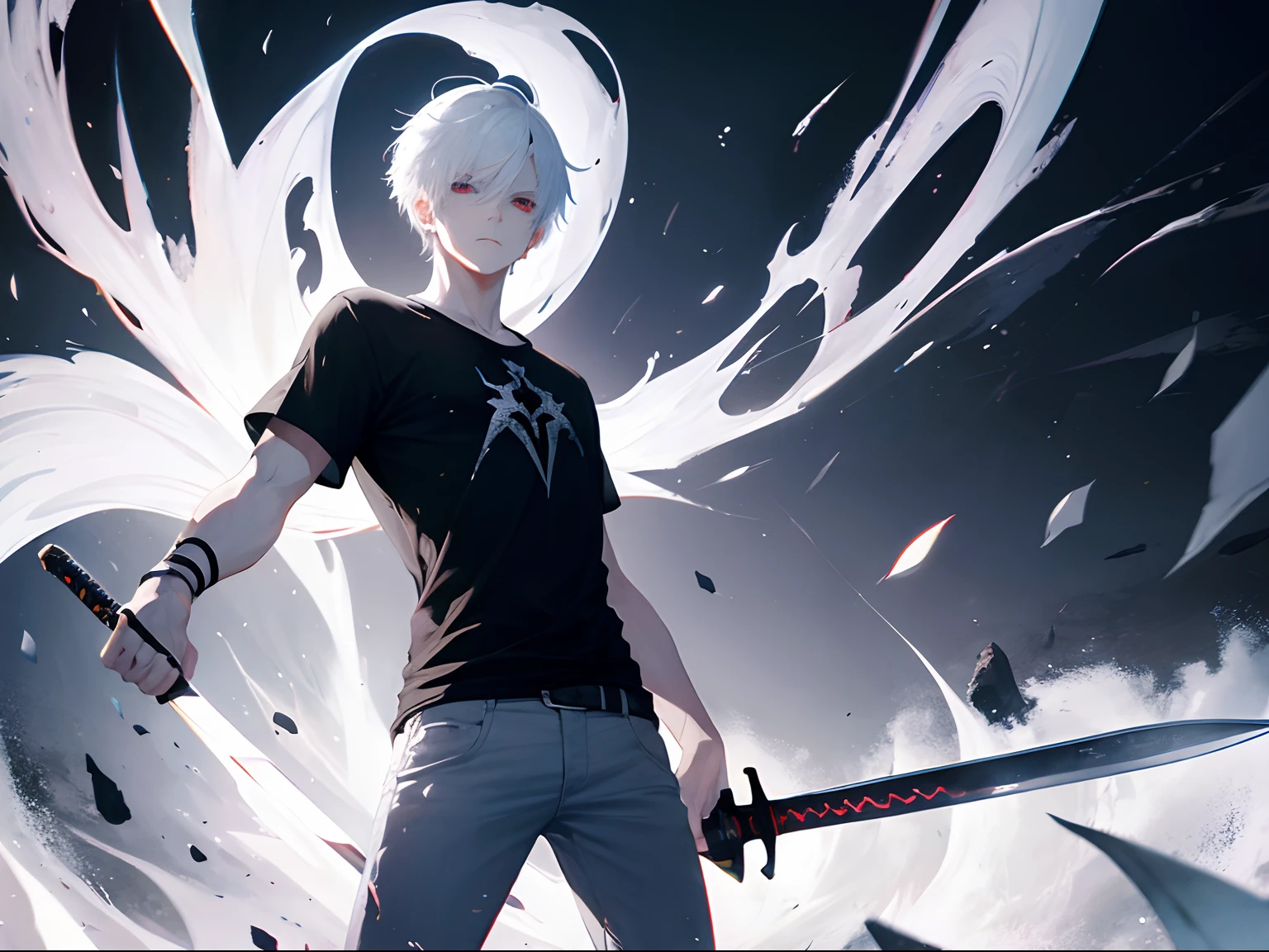 boy, white hair, demonic, dark power, the end of the world, sword, 8k, scary background, destruction background, black t-shirt, white pants