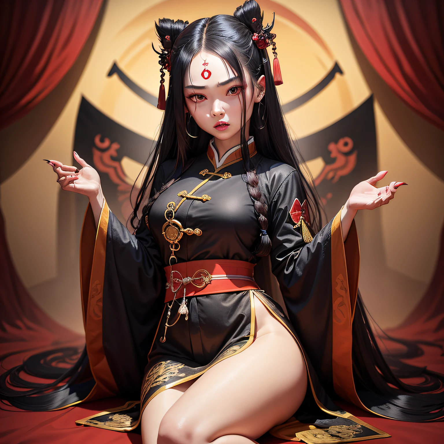 1 elf girl, black hair wears the traditional Chinese “ox horns” hairstyle, black eyes, thin lips, eyes with yellow pupils, small breasts, wearing a black maid outfit