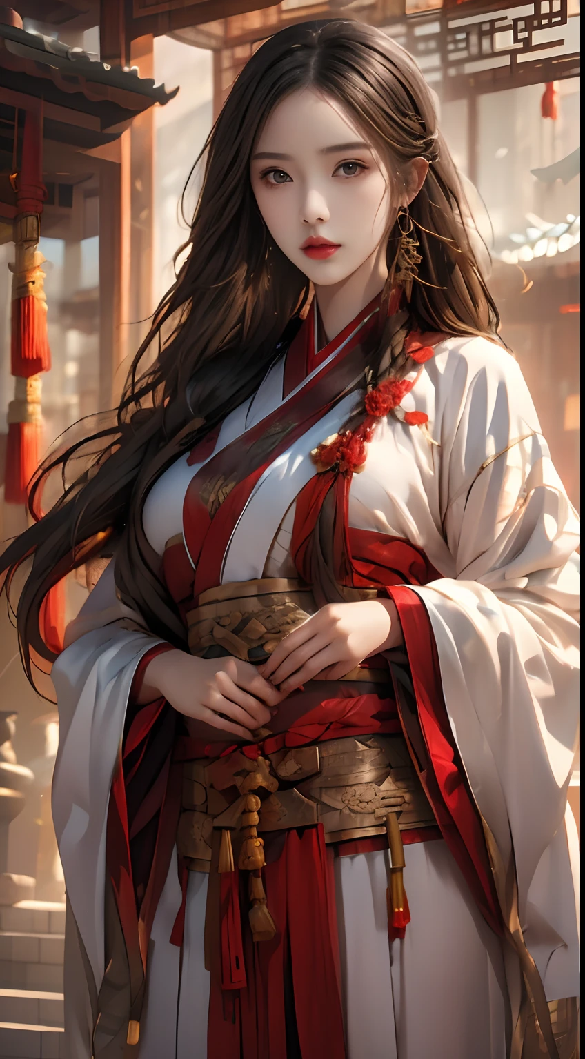 Photorealistic, high resolution, 1 woman, Hips up, Beautiful eyes, Long hair, ringed eyes, jewelry, tattoo, Hanfu, Chinese fairy, Taoist uniform