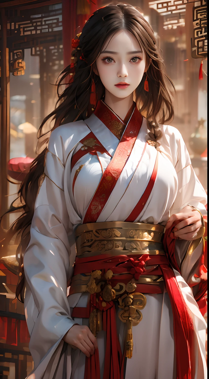 Photorealistic, high resolution, 1 woman, Hips up, Beautiful eyes, Long hair, ringed eyes, jewelry, tattoo, Hanfu, Chinese fairy, Taoist uniform