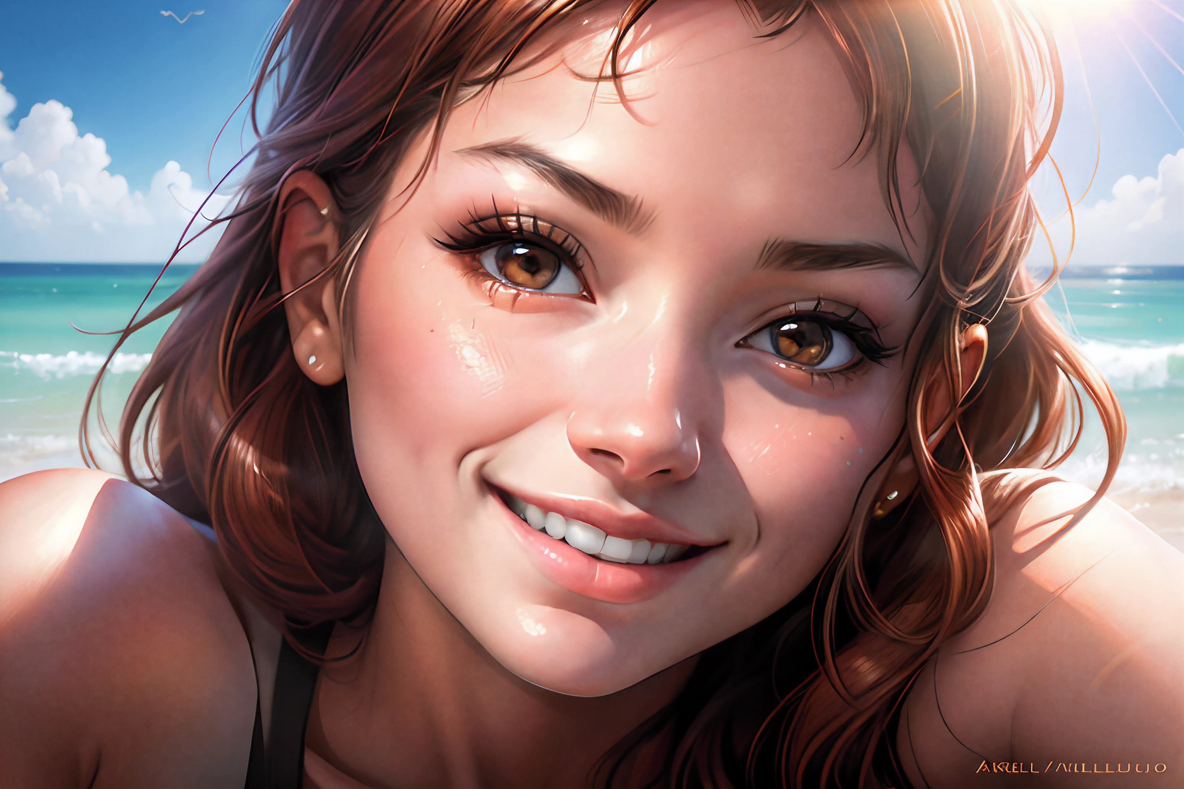 a half body view of a woman with a smile on her face, stanley artgerm lau, realistically shaded, photoreal, the girl and the sun, a beautiful teen-aged girl, clean image, face close - up, pastel artwork, highly detailed, superior high quality
