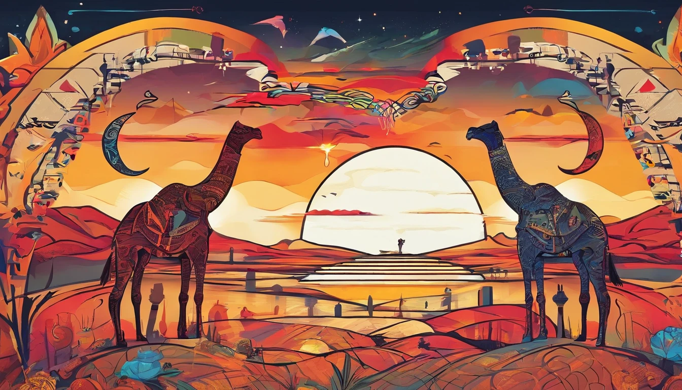 It shows a crescent-shaped lake in a desert，There is an ancient building next to the lake with vegetation around it，In the distance, a camel caravan was slowly moving forward，Leave traces in the desert，The setting sun in the distance is slowly descending，The sky is intertwined with red and yellow，8k，detailed scene