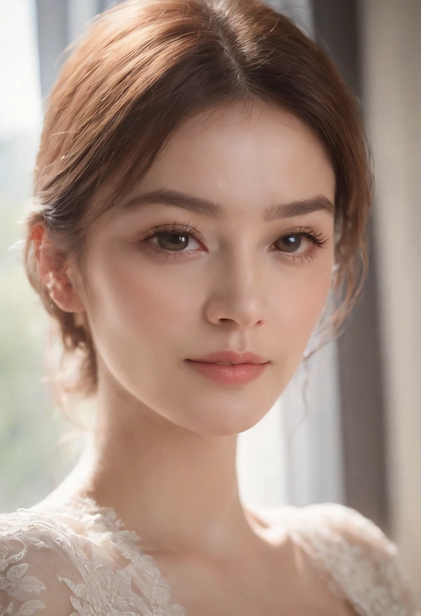 {best quality}, {{masterpiece}}, {an extremely delicate and beautiful},Outstanding light and shadow, extremely detailed wallpaper,Clear and bright sunlight,head portrait,1girl,big breast,Blush,short wave hair,Strong sunlight,,blue shirt,suit,Delicate hair,Real skin texture, sagging chest,clear pores and skin wrinkles,Wide shoulders,window,((strong light shines on the face)), upper body,