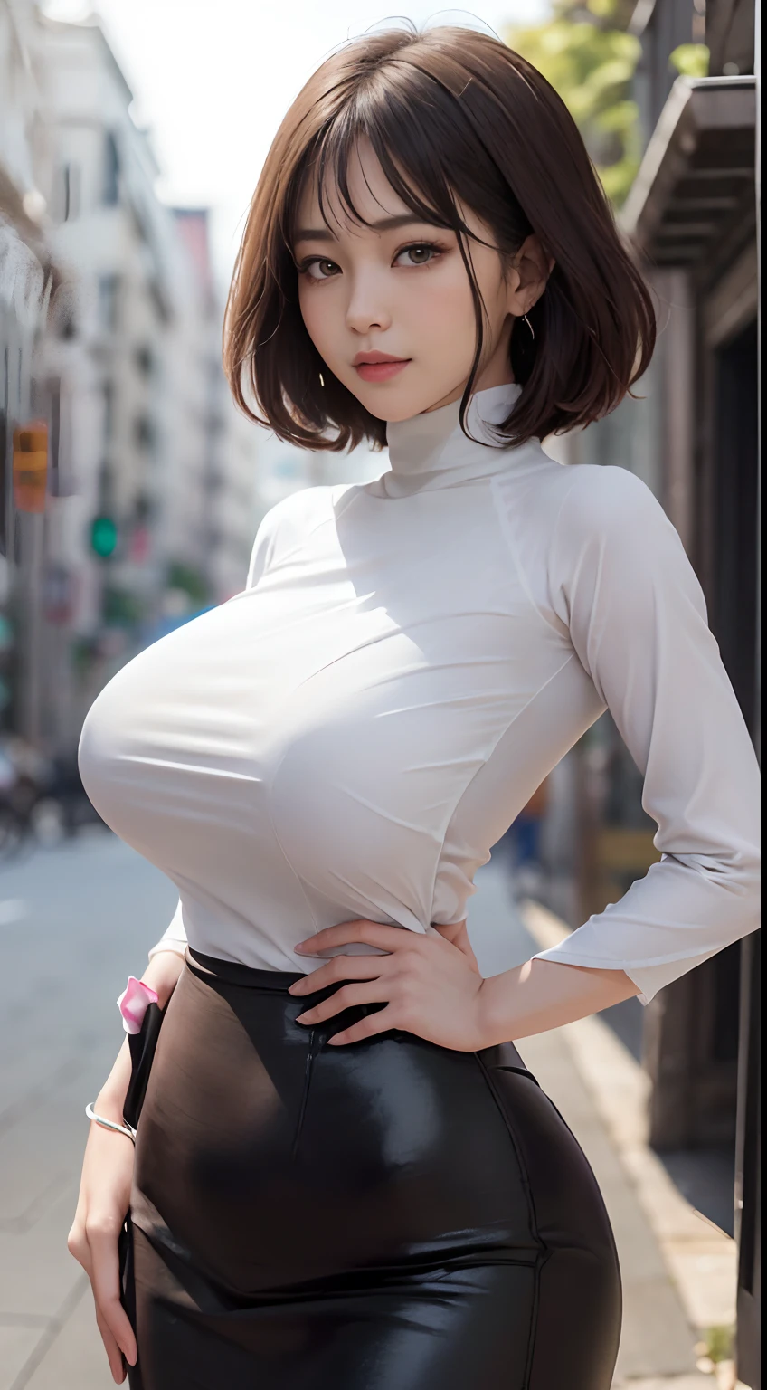 (8K, 超A high resolution, Best quality, masutepiece:1.2)、RAW portrait of japanese girl、超A high resolution、top-quality、 (huge-breasted,:1.8)、｛a skirt:1.5｝、(wear a  turtleneck:1.5)、(hand to hip:1.6)、(In the street:1.2) Break (Natural skin texture、Detailed skin、Hyper-realism、ultra-sharpness)、intricately details、depth of fields、Sexy adult woman、short black straight hair、((tmasterpiece、top-quality、high detal))、(Photorealsitic:1.4)、独奏、Keep one's mouth shut、Smile happily、largeeyes、Distinct double eyelids、eyeslashes、Long neck、Absolute area、Clean collarbone、face perfect、Thin lips、a small face、(Gaze towards the viewer、highlights in the eyes、Light brown eyes、Gloss on lips)、(From the side:1.5)｛pull、head to toe、Show your whole body:1.2｝ negative　The maid's clothes　Show your　Show the whole body
female