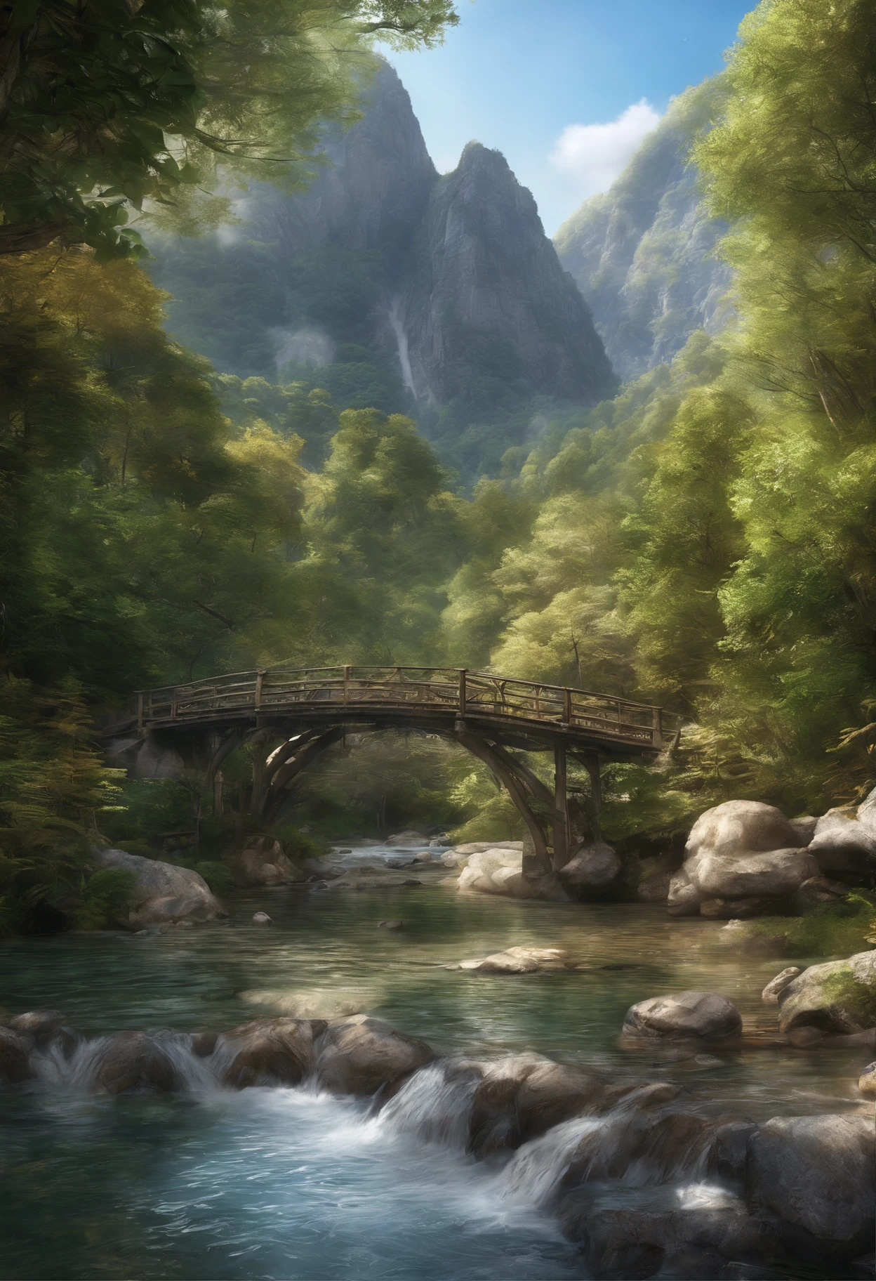 (best quality,4k,highres,masterpiece:1.2),ultra-detailed,realistic,river,mountains,small bridge,Beautiful landscape,running water,serene atmosphere,greenery,natural beauty,reflection,peaceful surroundings,captivating view,sunlight filtering through trees,vivid colors,photorealistic,highly detailed mountains,crystal-clear river,serene ambiance,harmonious composition,lush vegetation,scenic beauty,tranquil atmosphere,picturesque scenery,calm and peaceful setting,majestic mountains,clear blue sky,gentle breeze,rustic charm,inviting pathway,serenity of nature,awe-inspiring view,quietude,picturesque bridge across the river,harmony of elements,tranquility in every aspect,natural serenity,endless beauty of nature.