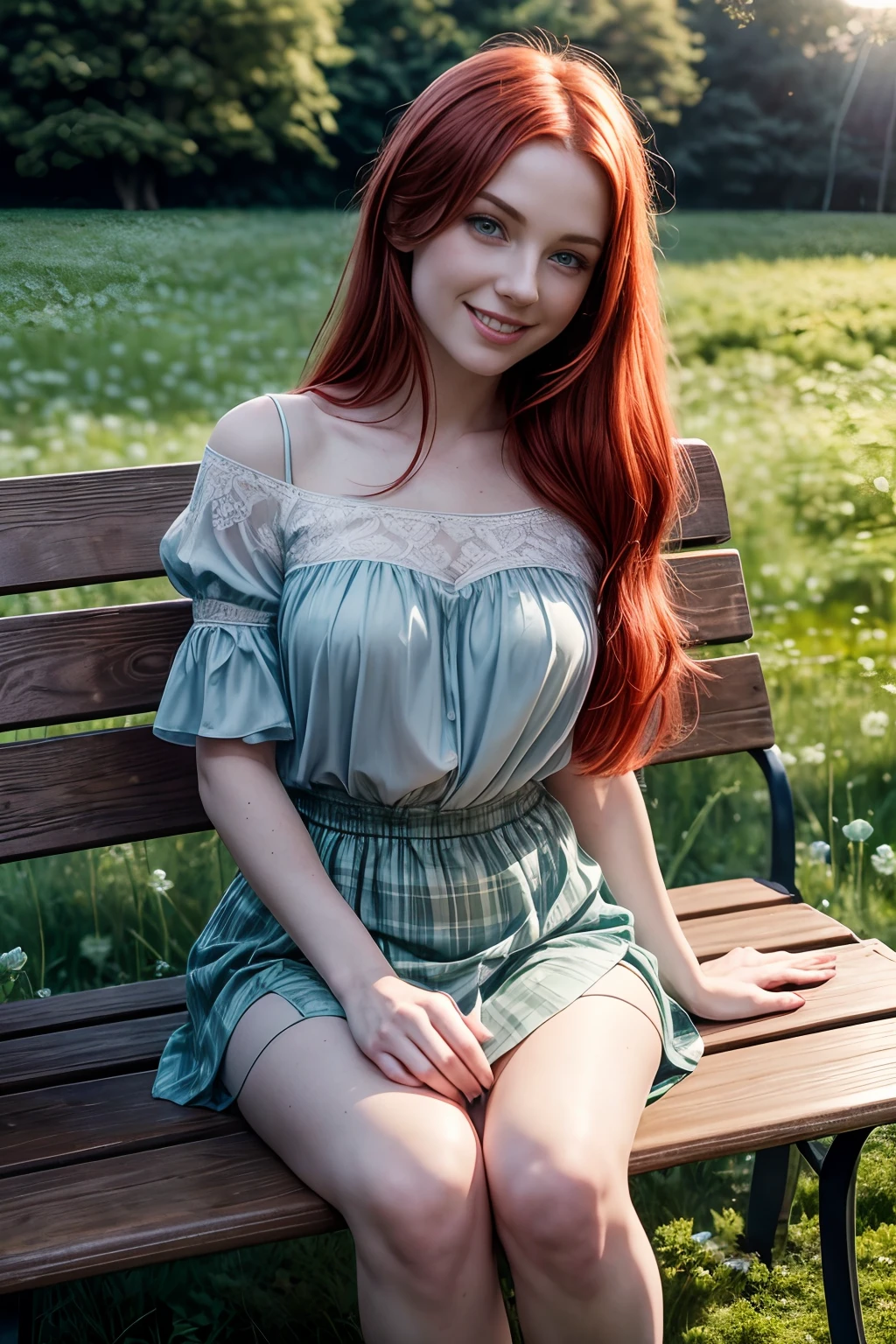 Red-haired woman sitting on a bench in a park, Amouranth, beautiful red-haired woman, hot, red-haired girl, red-haired goddess, beautiful maiden, young red-haired girl with pale skin, Anna Nikonova aka Newmilky, red-haired woman, she has long redorange hair, soft pale white skin, with red hair, red head, better known as Amouranth