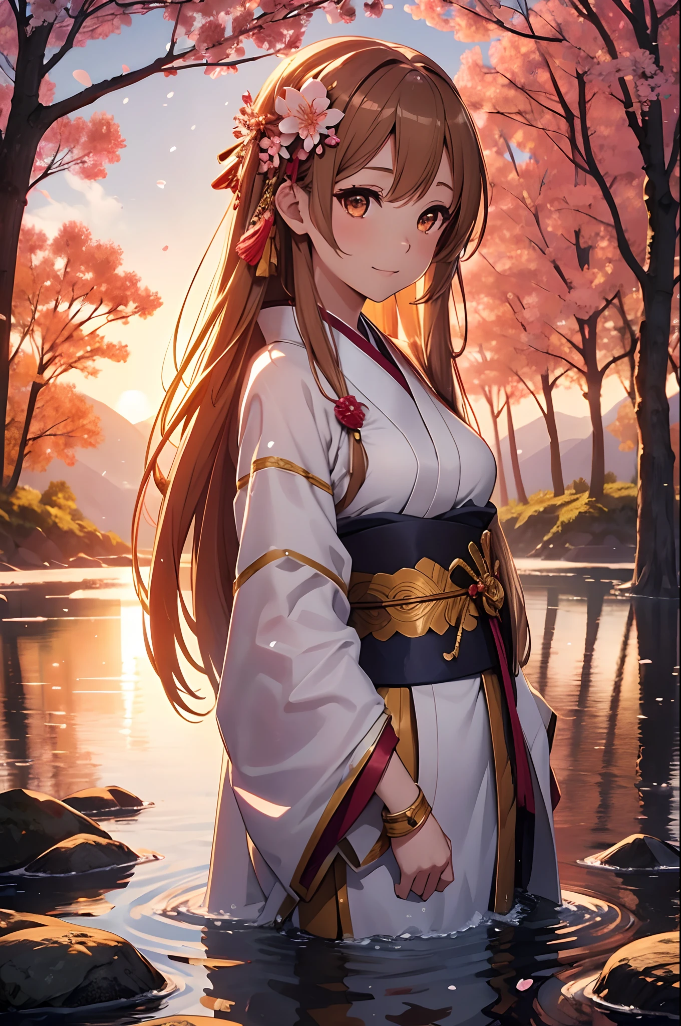 asuna, masterpiece, best quality, detailed, (1girl), solo, detailed golden eyes, long hair, standing, close to viewer, (detailed kimono), light smile, medium breasts, (arms behind back), water, sunset, (hair ornament), (Sakura bloom), snow mountain lake in the background