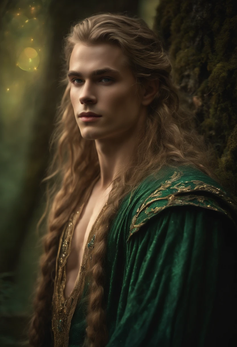 ((One Man)), (((Fantasy portrait of a young man in a mithorogic costume))), ((Long sleaves)), With mystical colored eyes, pale skin, Long hair, Magical, Beautiful, Enchanting, Photorealism, mid-shot, ((Deep forest)), Fantasy Art, (((Many sparkling particles in the air))), ((Ethereal fantasy art)),